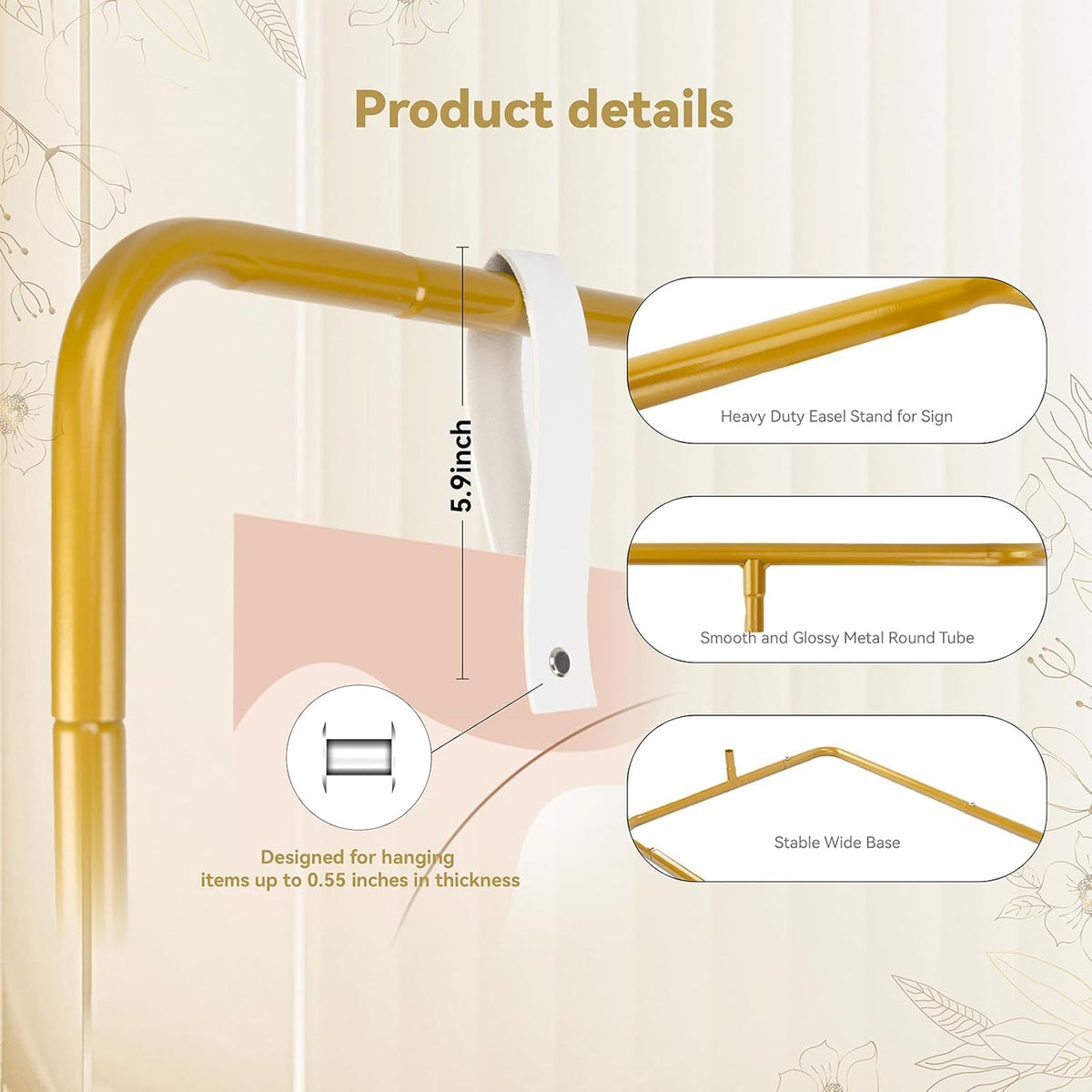 Wedding Sign Holder, Adjustable Welcome Sign Stand w/ Leather Hanging Strap, Satin Ribbon &