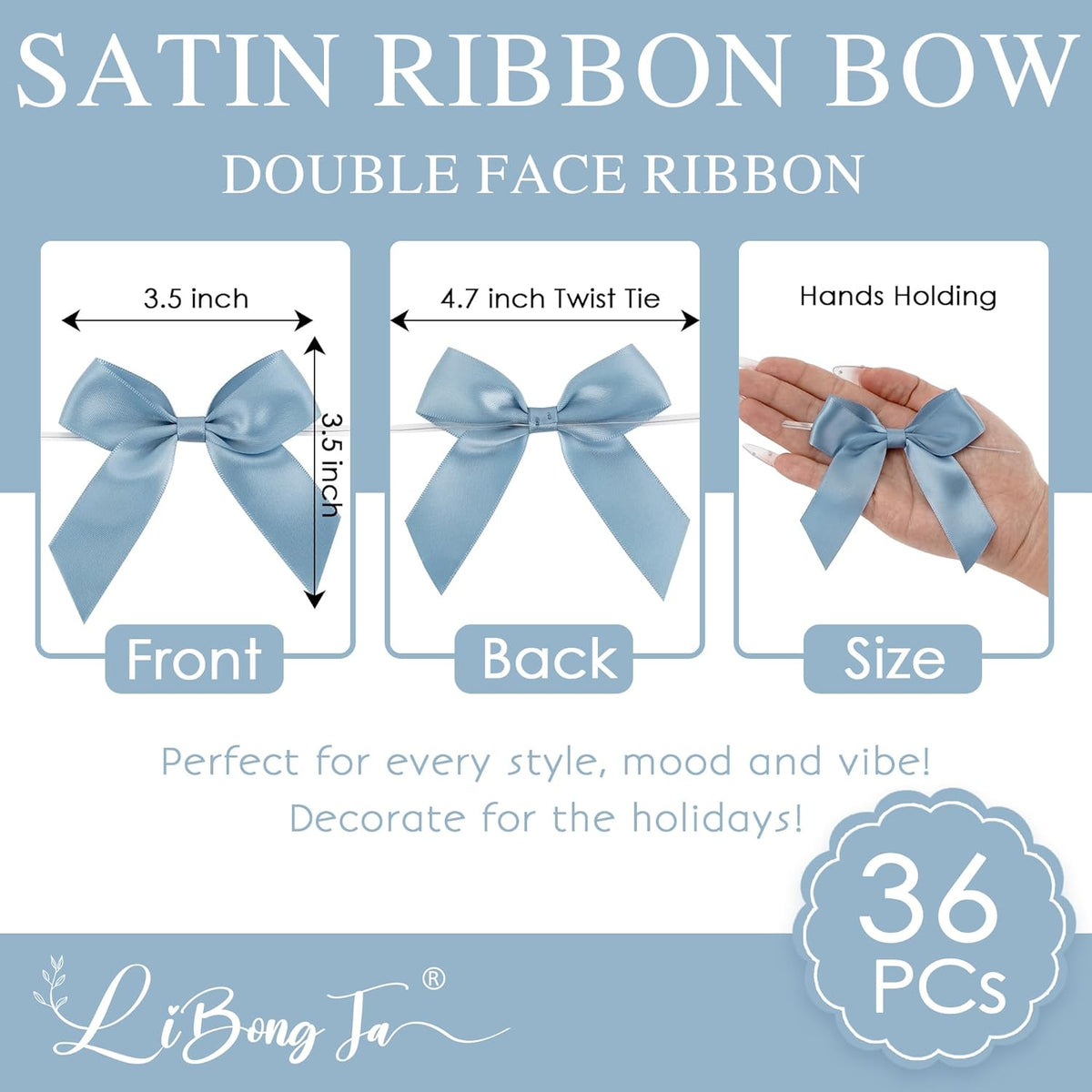 3.5" Dusty Blue Bow Satin Pre-Tied Bows for Gift Wrapping, Small Bows for Crafts, Premade Bows