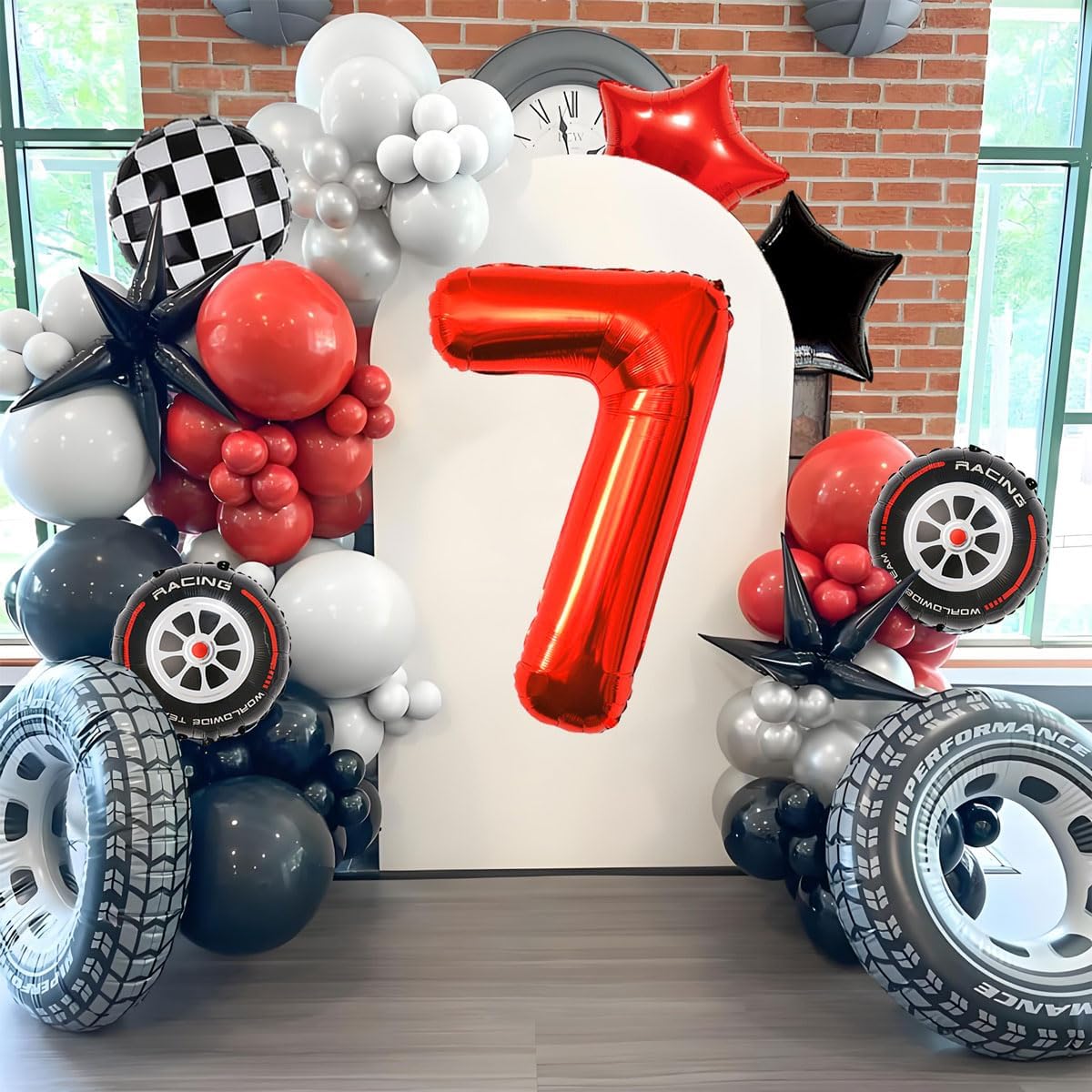 Race Car Birthday Party Decorations - 40 Inch Mylar Red Number 7 Balloons - Black Foil Checkered