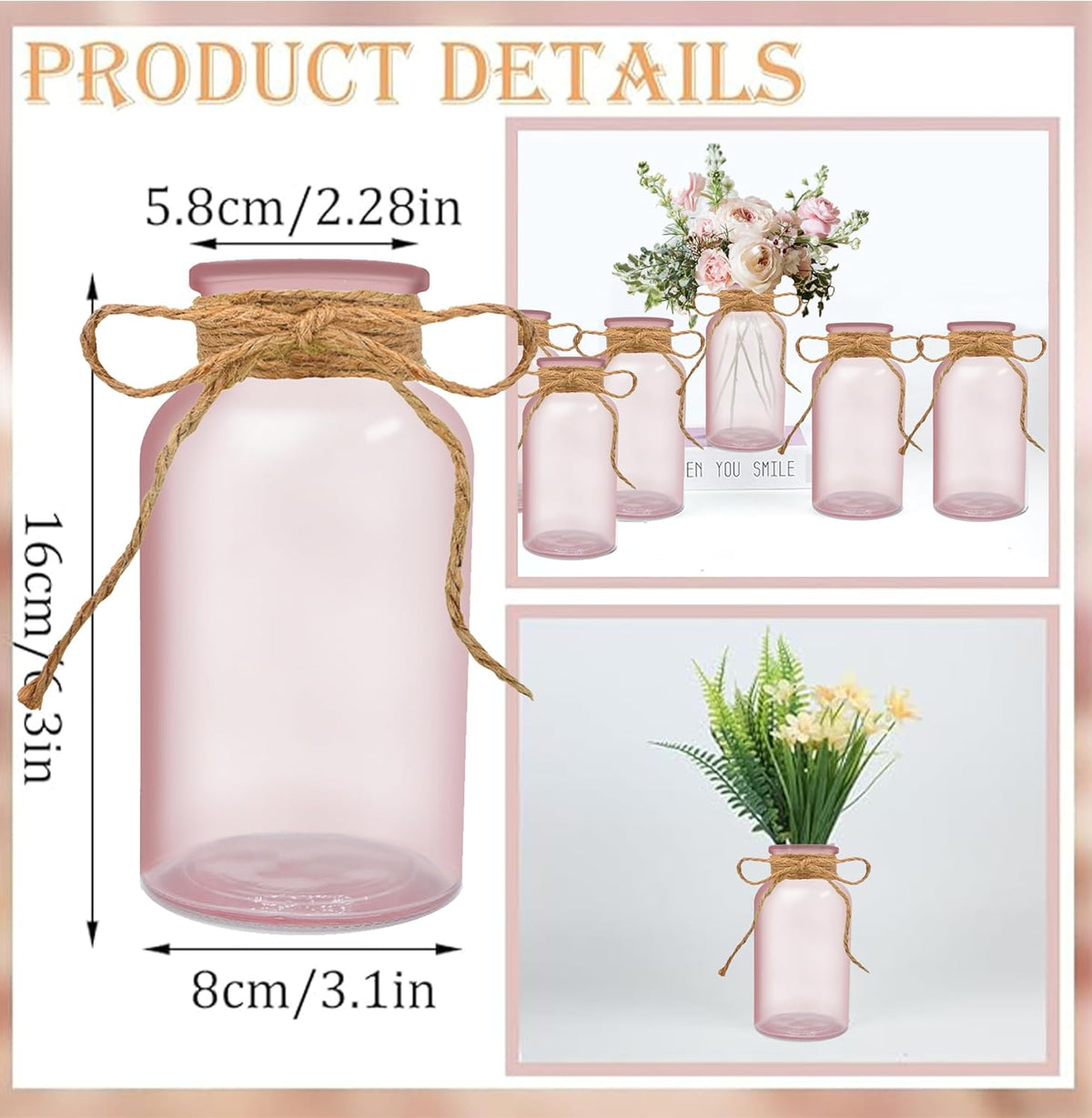 Vintage Glass Flower Vase，6 Pack Pink Farmhouse Glass Centerpiece Vases Mason Jars for Weddings