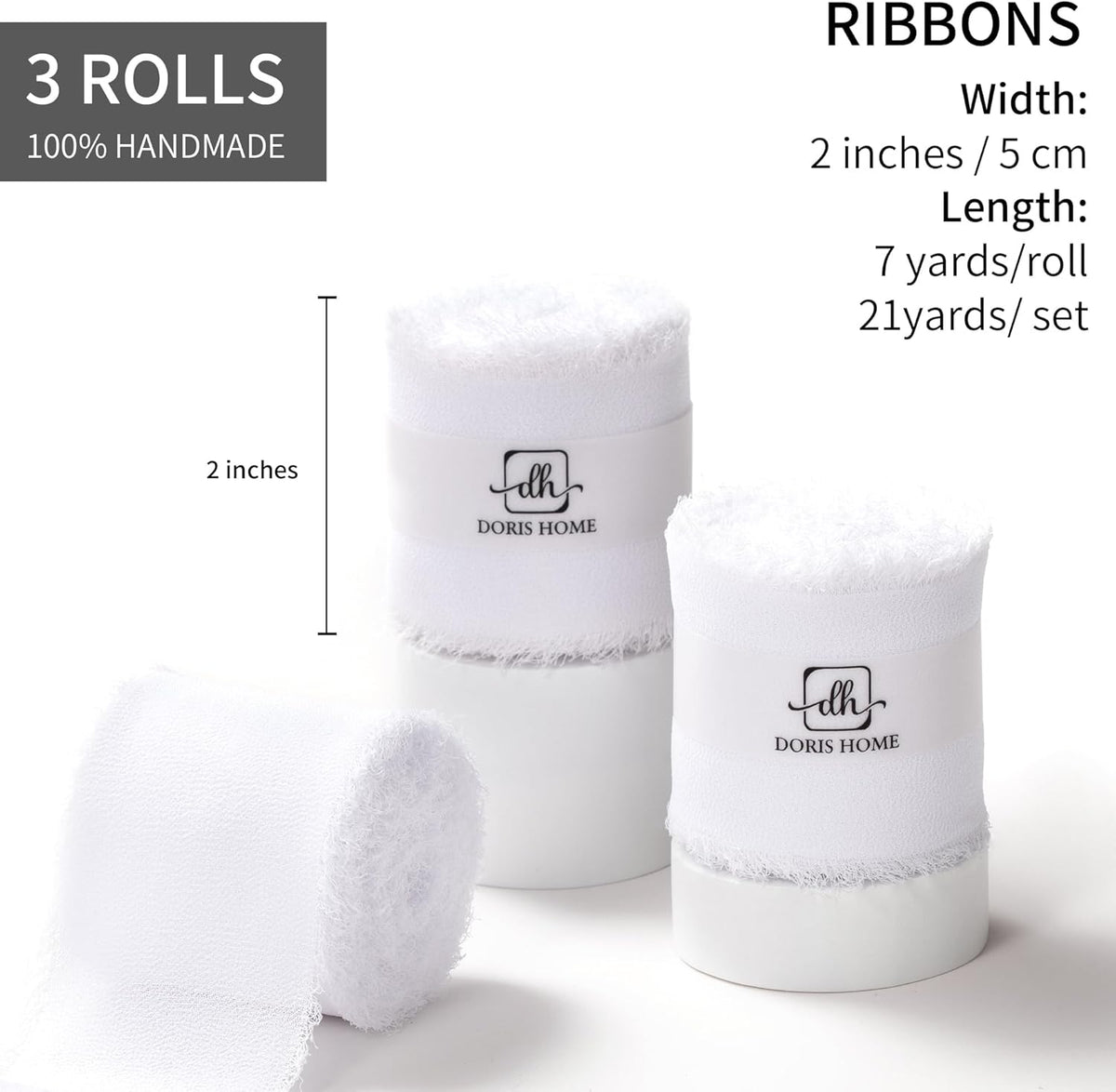 DORIS HOME White Chiffon Ribbon for Flower Bouquet, 2" x21Yd Fabric Ribbon for Gift Wrapping