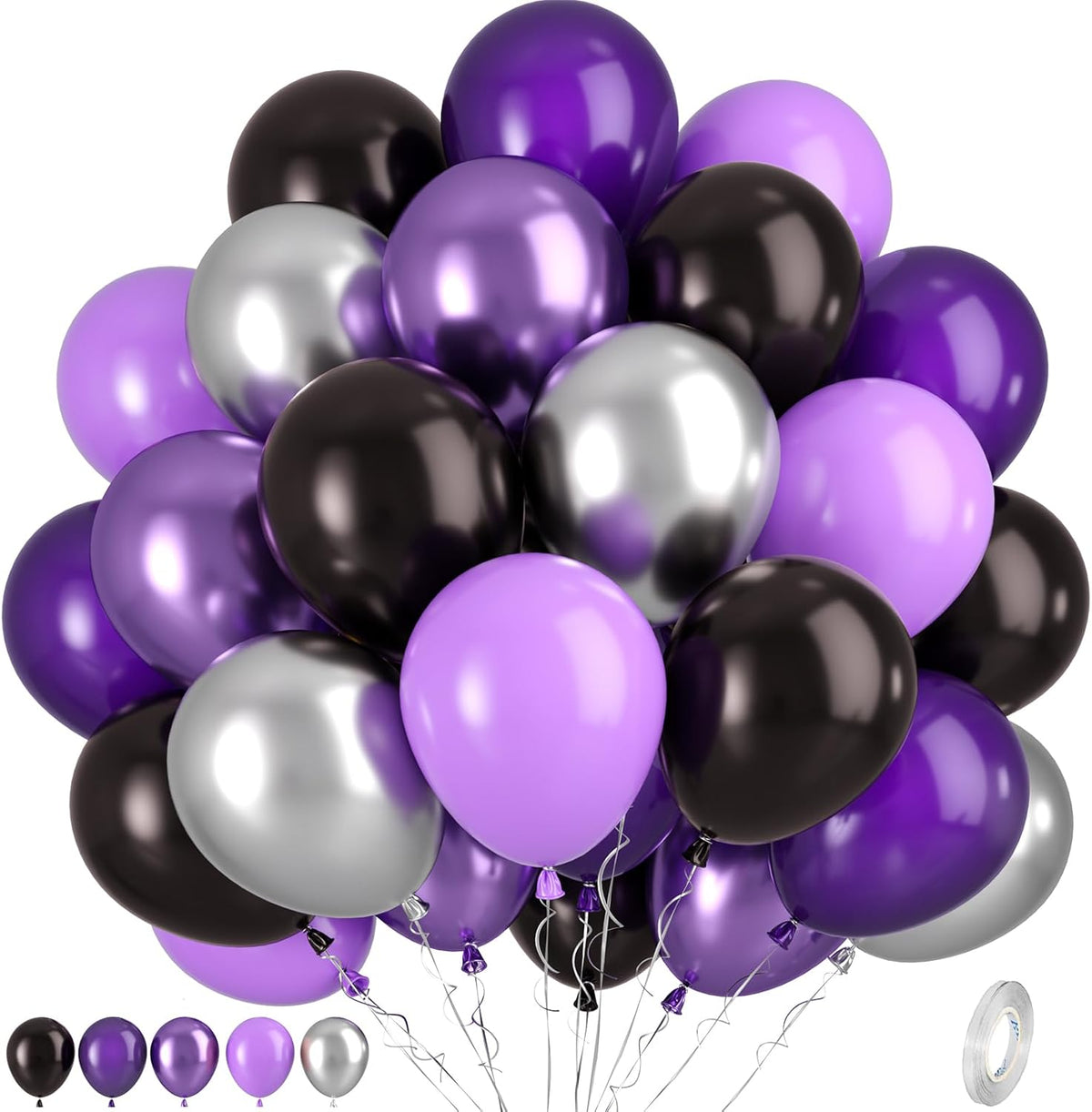 Purple Black Silver Balloons, 50pcs Purple and Black Balloons, Metallic Purple Silver Balloon for