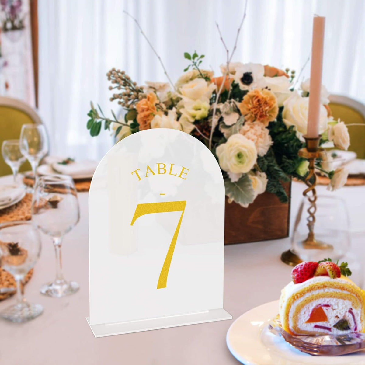 JOYIT Frosted Arch Wedding Table Numbers 1-30 with Stands – 5" X 7" Acrylic Gold Table Number