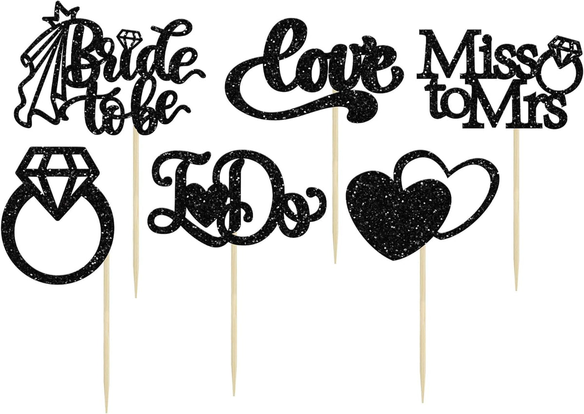 Gyufise 24Pcs Bride to Be Cupcake Toppers Black Glitter I Do Love Heart Ring Miss To Mrs Cupcake
