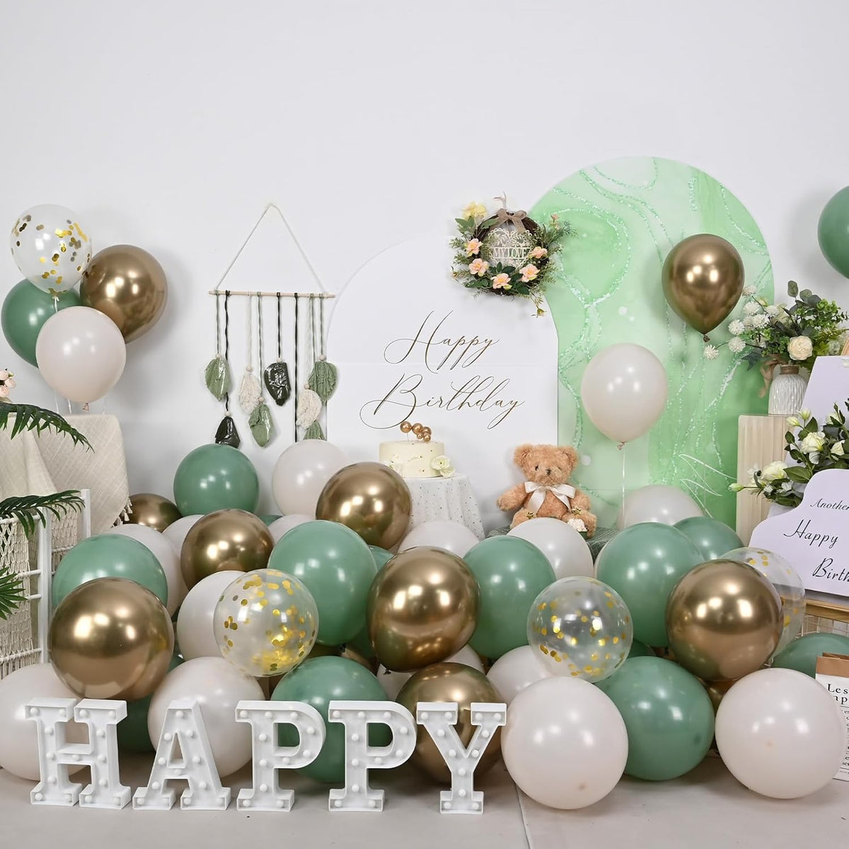 Sage Green Gold Balloons, 60 Pcs 12 Inch Olive Green White Balloons with Metallic Gold Confetti
