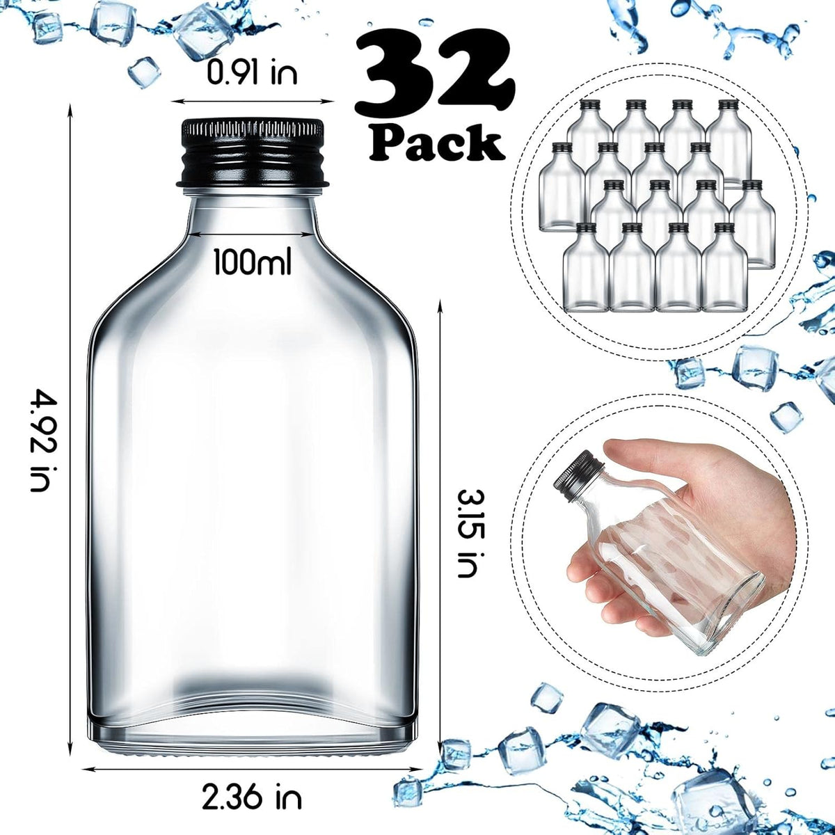 Patelai 32 Pcs Clear Glass Bottles with Caps Mini Glass Flask Liquor Bottles Empty Alcohol Shot