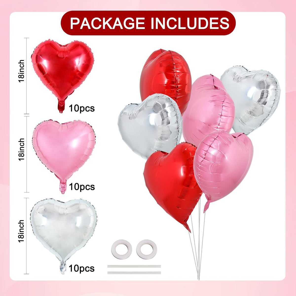 TONIFUL 30Pcs 18 Inch Heart Balloons Red Silver Pink Valentine’s Day Heart Shape Foil Mylar