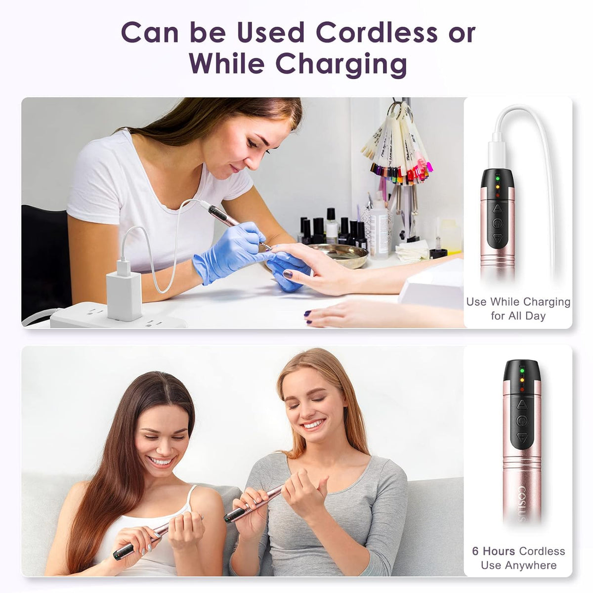 COSLUS Cordless Nail Drill Electric File: Professional for Acrylic Gel Dip Powder Nails Portable