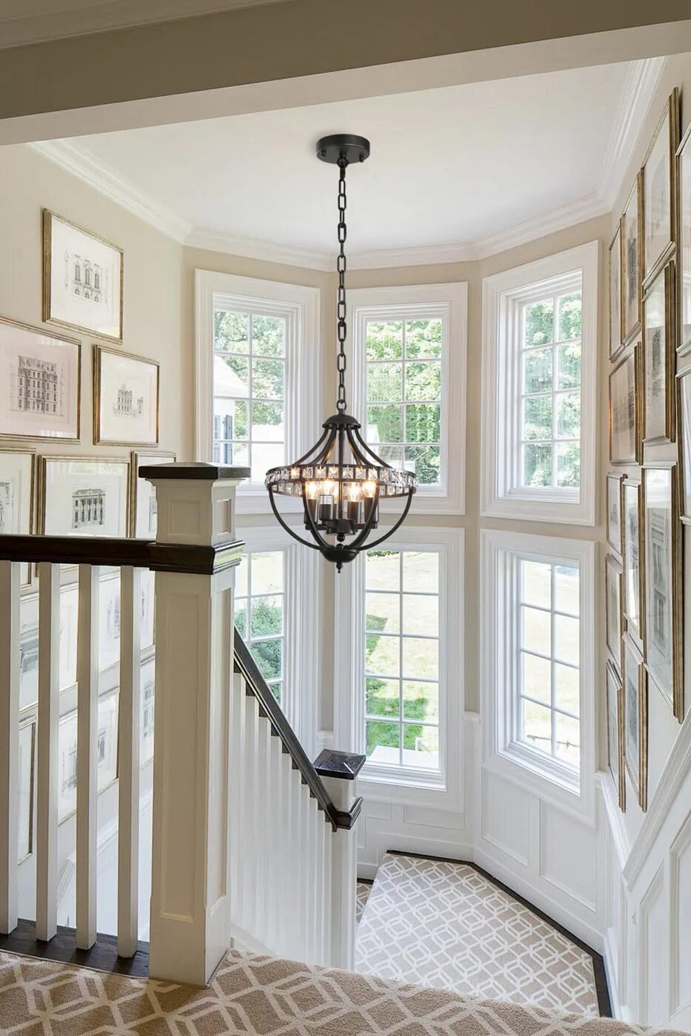 Farmhouse Crystal Ceiling Hanging Chandelier,16inch Black Rustic Vintage Pendant Light Fixture for