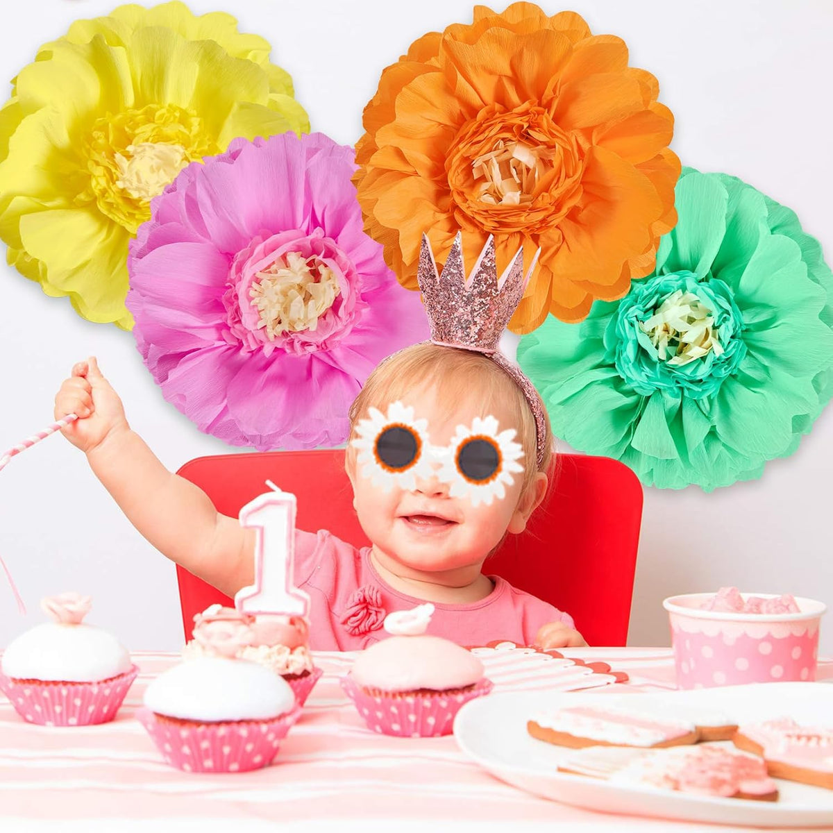 SUNBEAUTY Giant Colorful Paper Flowers Party Decorations 20" Large Fiesta Bulletin Board Tissue Pom