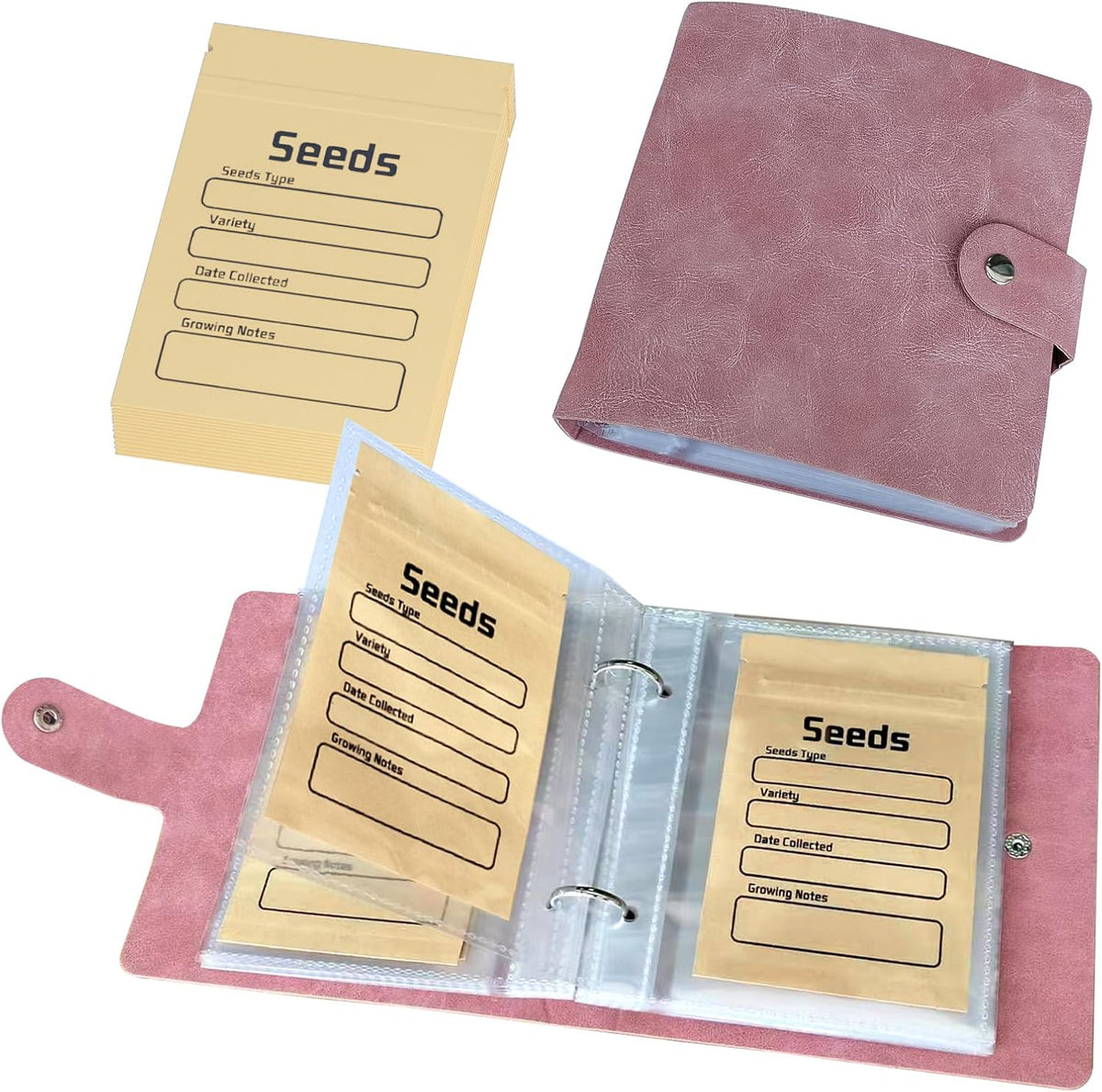 Seed Organizer Binder with 50 PCS Resealable Seed Envelopes - 50 Storage Pockets, 3.5x5 Inch Clear