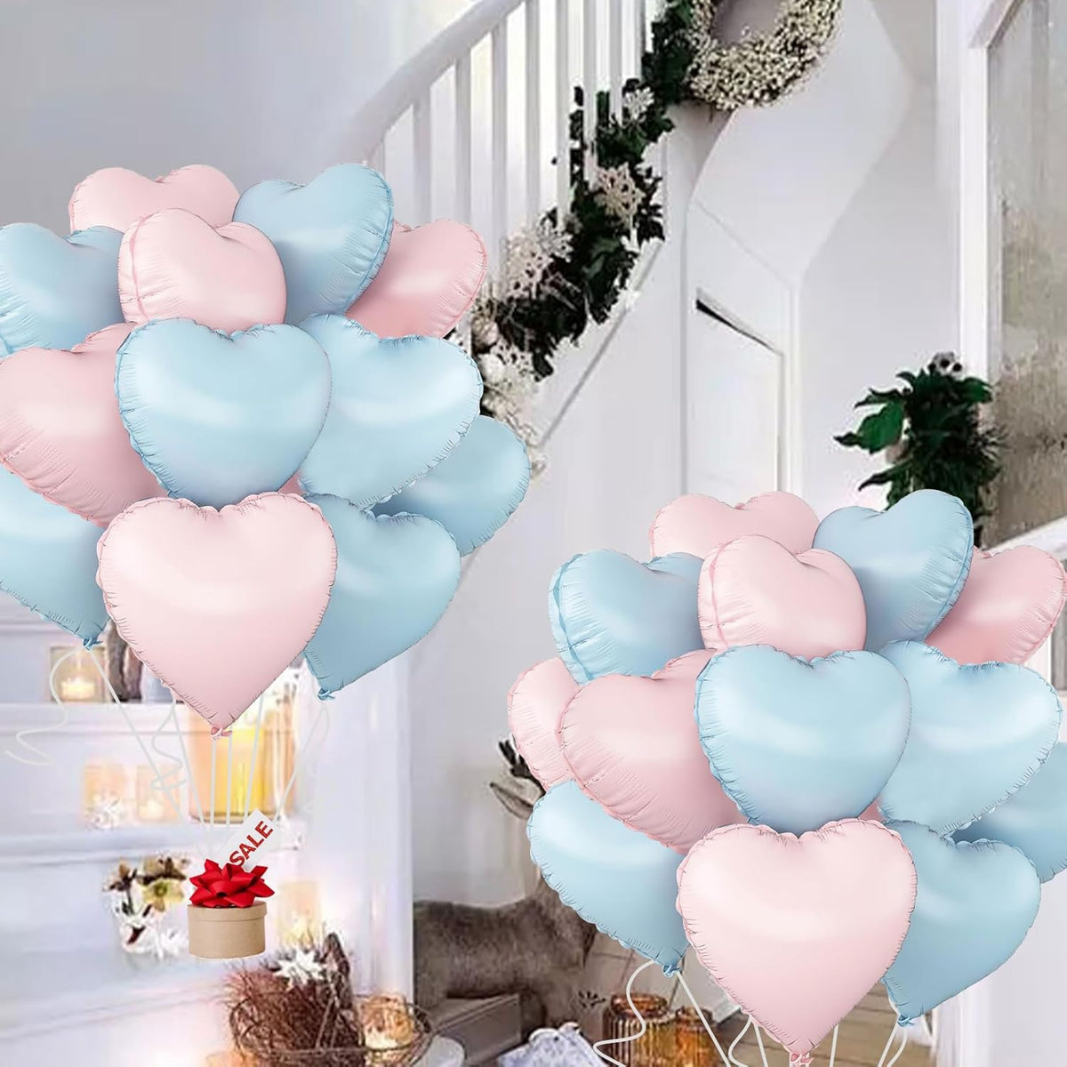 Blue Pink Heart Balloons,18inch Light Blue Heart Shaped Foil Balloons & Baby Pink Helium Mylar