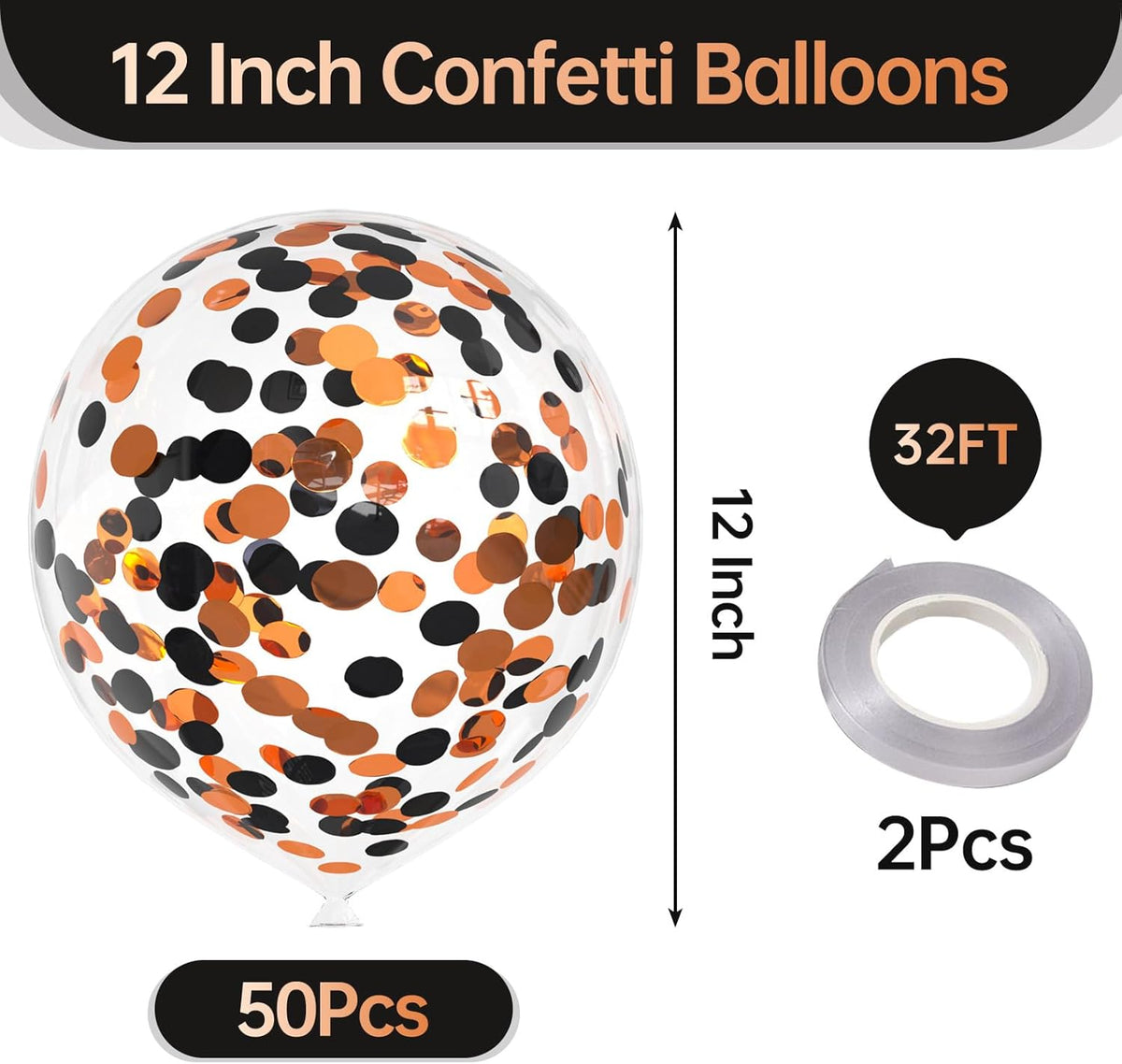 50pcs Orange and Black Foil Confetti Balloons,12 inch Latex Balloon with Orange Black Confetti