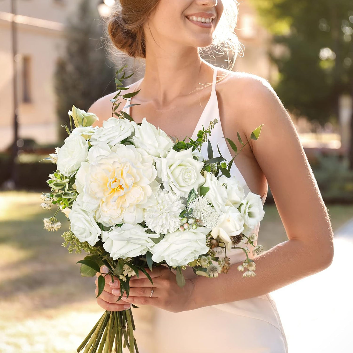 AmyHomie White Artificial Flowers Combo Silk Mix Peony Rose Hydrangea Daisy Fake Flowers w/Stem for