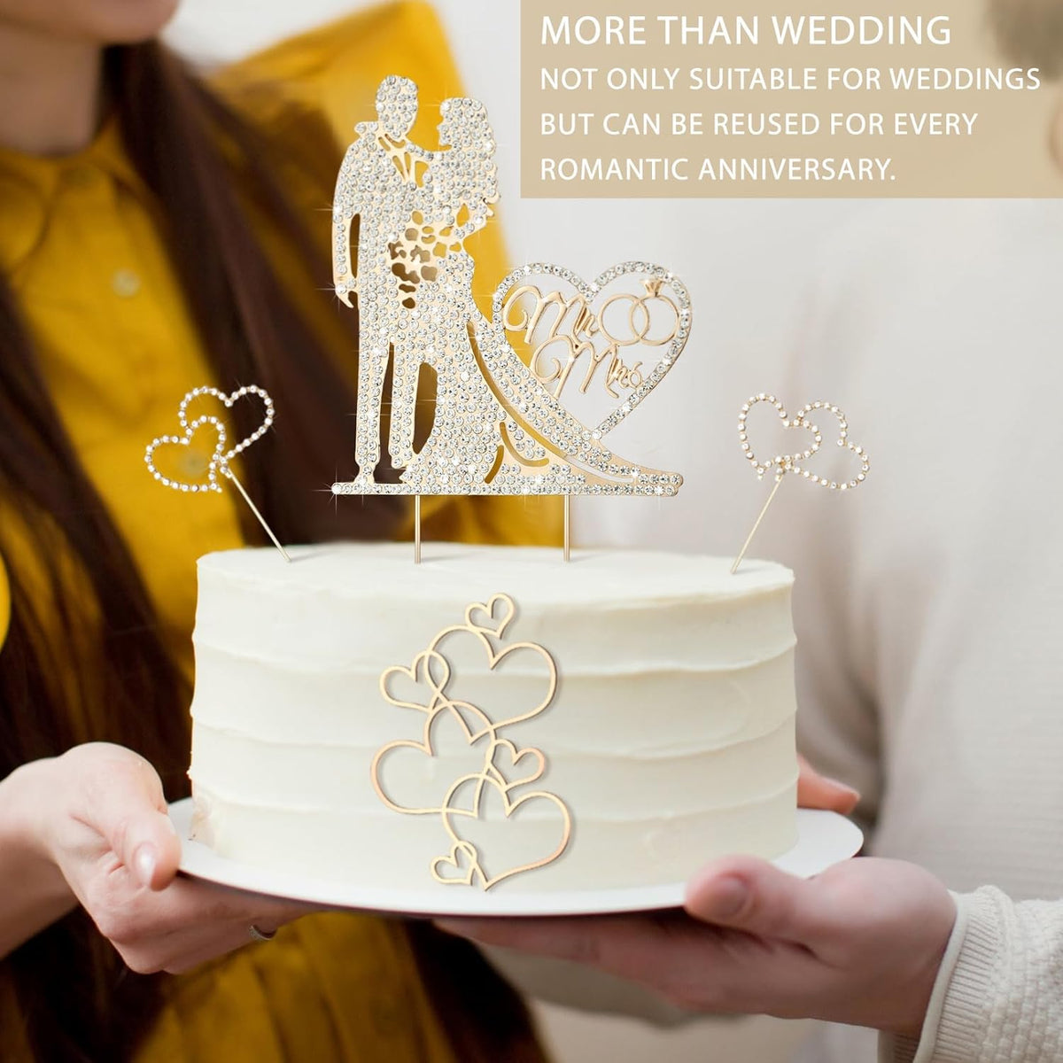Spiareal 4 Pcs Wedding Cake Topper Mr and Mrs Rhinestone Bride and Groom Love Cake Topper Metal