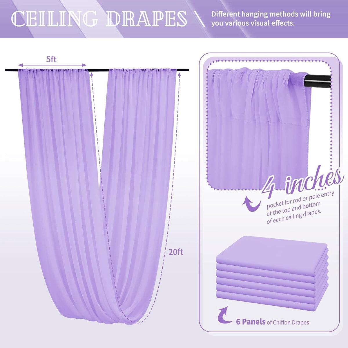 6 Panels Lavender Ceiling Drapes for Wedding 5ftx20ft Chiffon Fabric Arch Draping Curtains Sheer