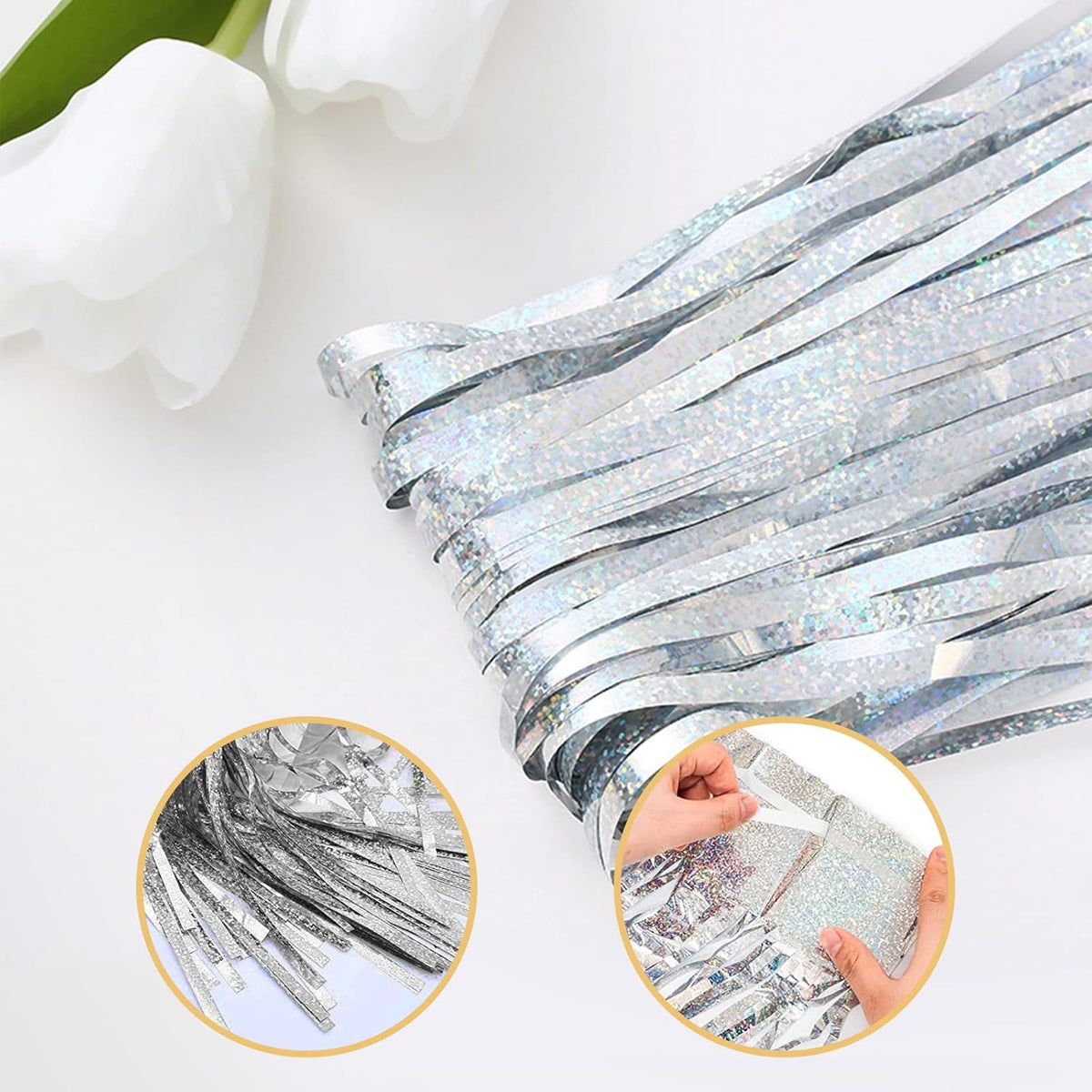 10 Pack Silver Backdrop Curtain 3.2ft x 8.2ft Metallic Tinsel Foil Fringe Curtains Photo Booth