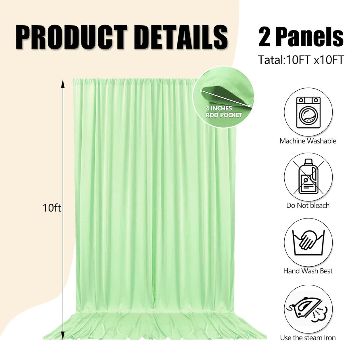 10ft x 10ft Light Green Backdrop Curtains for Parties, Fabric Satin Background Curtain with Rod