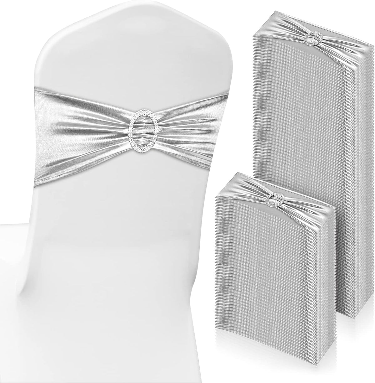 CHENGU 150 Pieces Spandex Stretch Chair Sashes Bows Elastic Chair Cover Bands Ties with Buckle