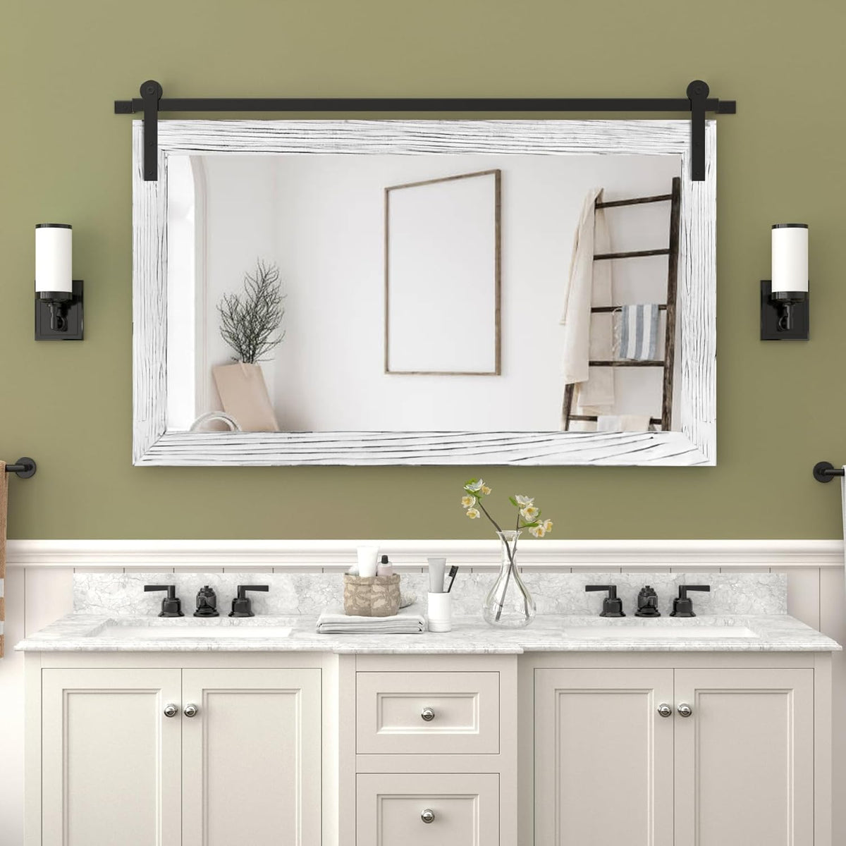 COGOOD Farmhouse Bathroom Mirror - 41" x 30" Rustic Barn Door Mirror for Living Room, Entryway