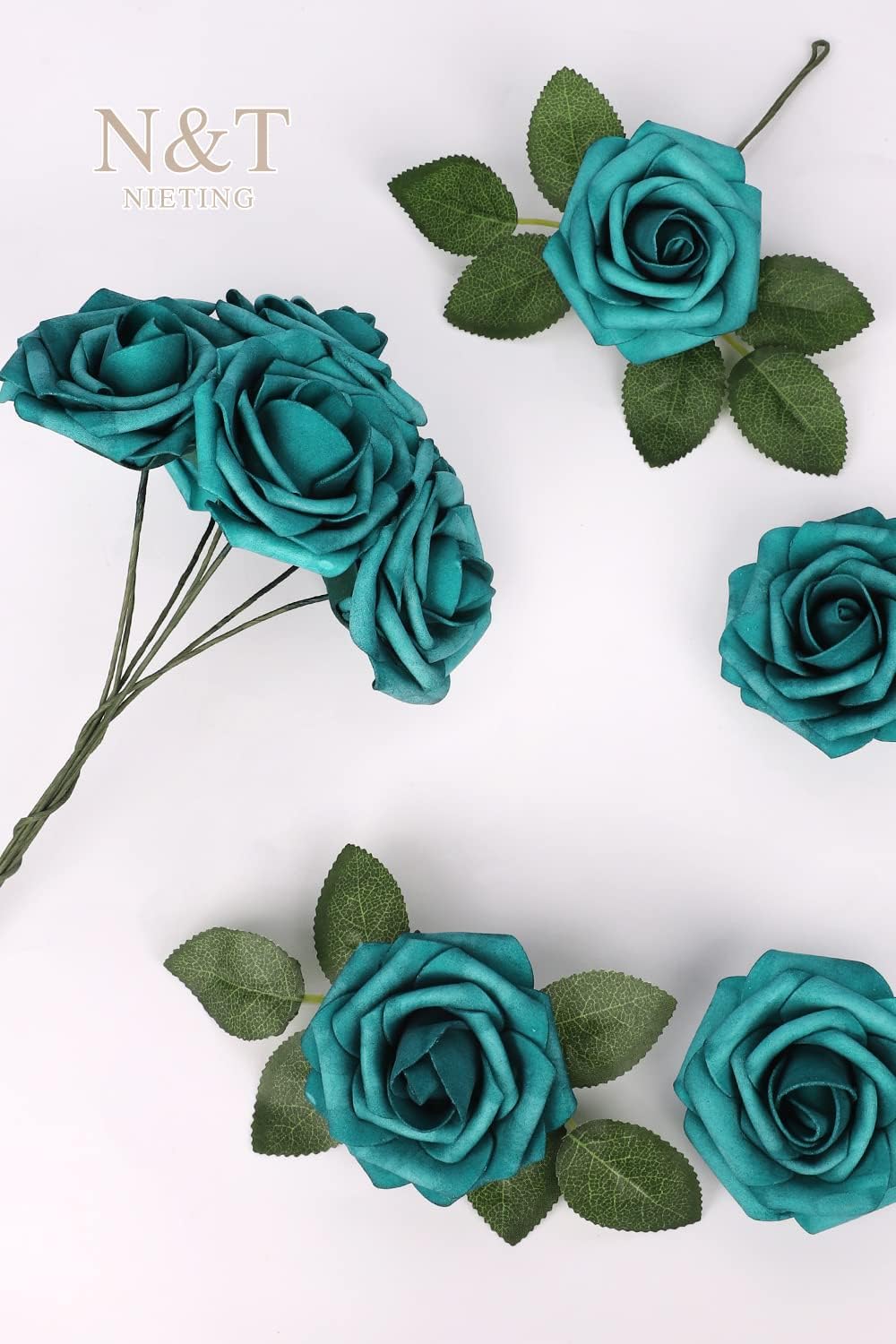 N&T NIETING Artificial Flowers Foam Roses 25 pcs Peacock Green Fake Roses w/Stem for DIY Home Decor