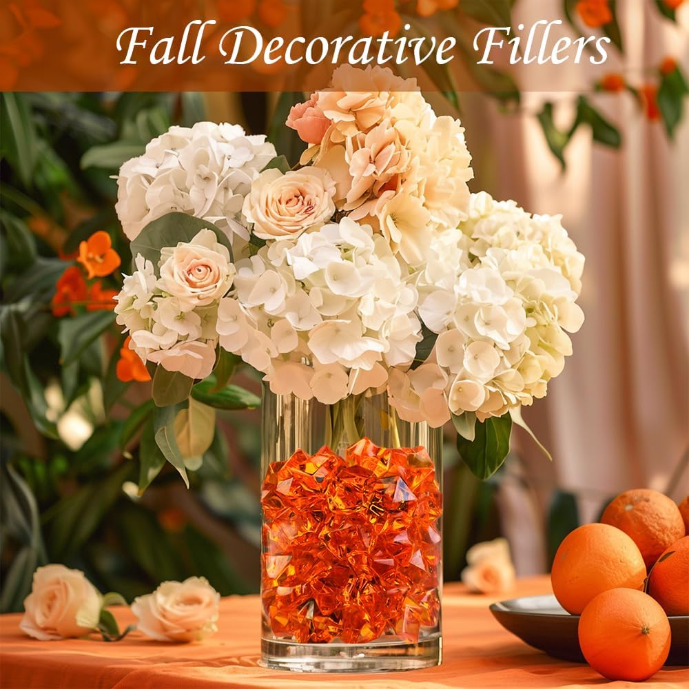 HappyFiller Fall Harvest Decor Orange Fake Ice Rocks Acrylic Chunks,Pirate Treasure Gems Stone,Vase