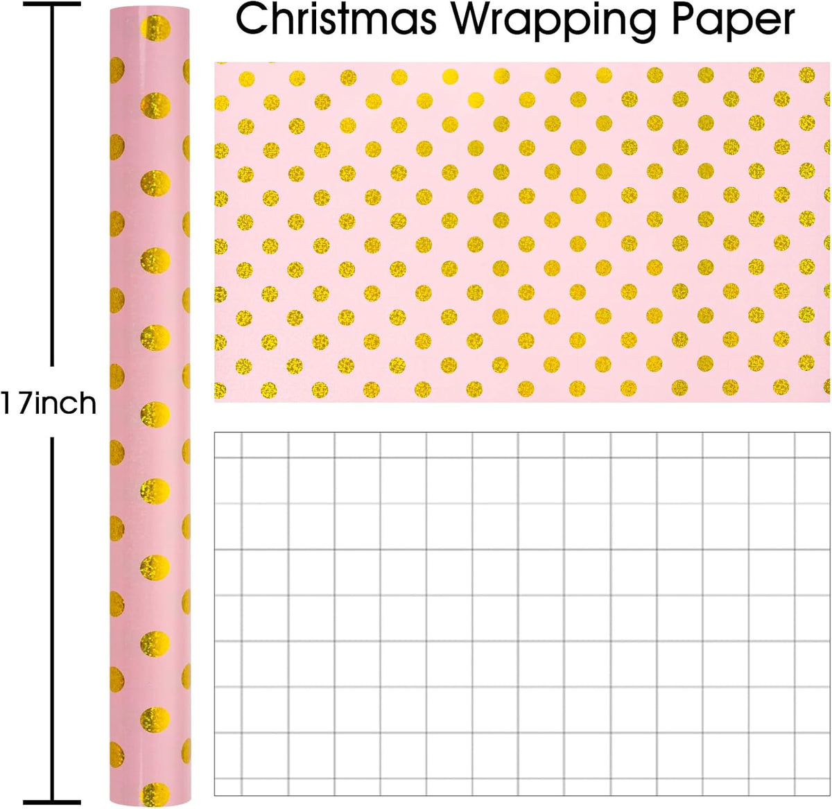 Burymento Pink Holographic Dots Wrapping Paper, Reversible Gold Gift Wrap for Birthday, Valentines