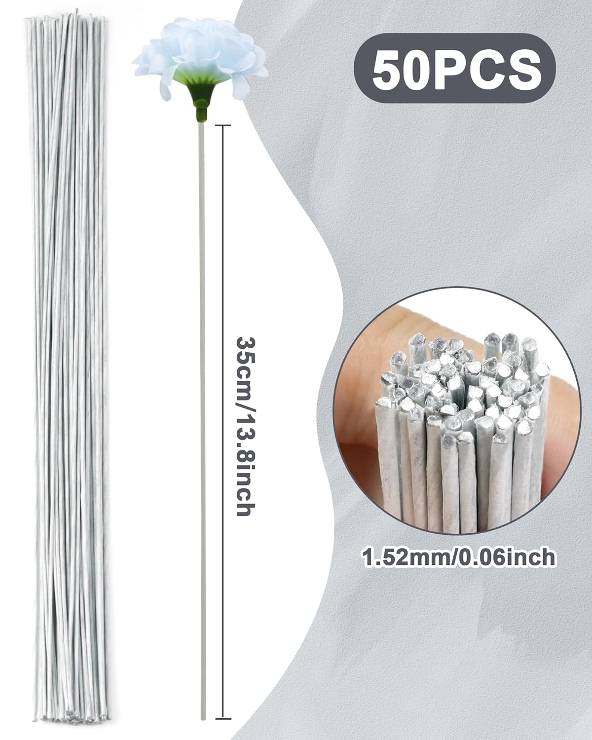 50 PCS FIVEIZERO 16 Gauge White Floral Wire Stems for Artificial Flower Making,Florist Wire,Flower
