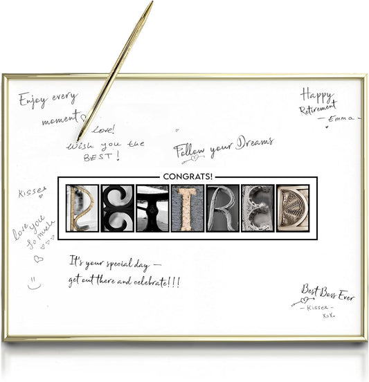 Framed Gold Retirement Decorations Guest Book for Men - 12"x16" Large Sign Poster including Gold