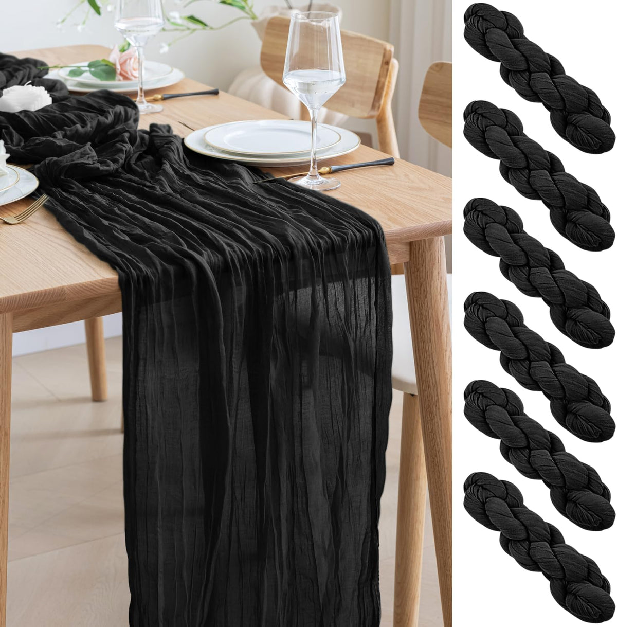 Asee'm 6pcs Cheesecloth Table Runner 120 Inches Long Black Boho Gauze Cheese Cloth Runner 10FT