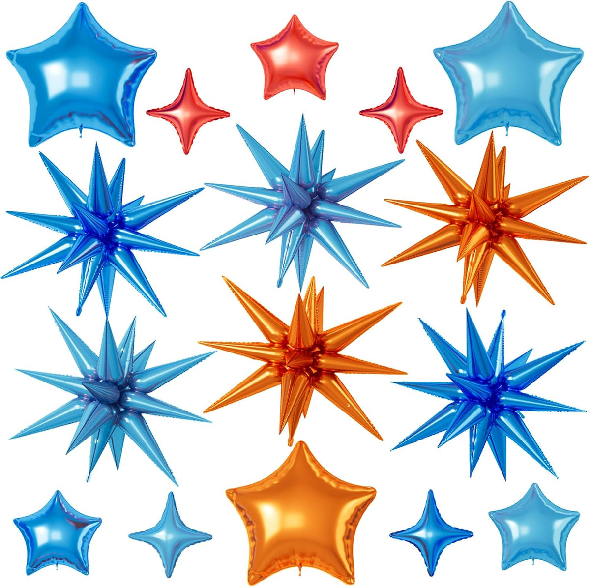 16 Pcs Orange and Blue Star Balloons, 22/18/10 Inch Foil Balloons, Four-Pointed Balloon for Kids