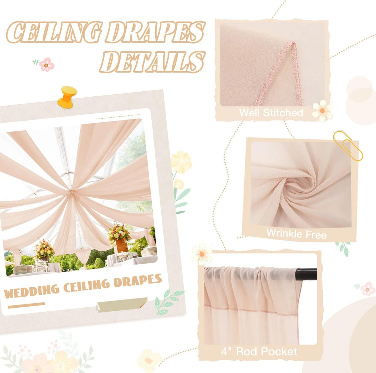Wedding Arch Draping Fabric 5FTx20FT 2 Panels Ceiling Drapes Champagne Party Decorations Chiffon