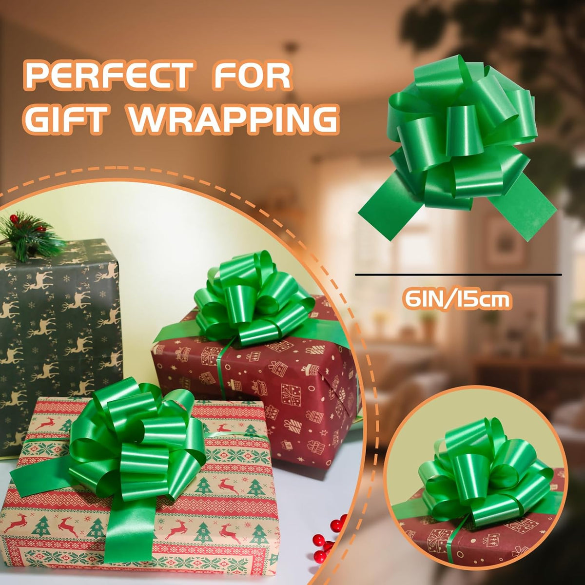 6 Pcs 6 Inch Green Pull Bows, Perfect for Gift Wrapping, Gift Wrapping Baskets Wedding Christmas