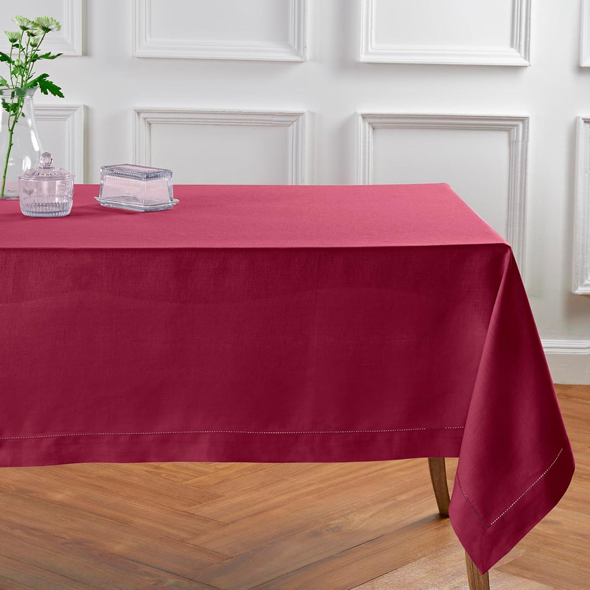 Solino Home Linen Beet Tablecloth 60 x 132 Inch - Classic Hemstitch, 100% Pure Linen Rectangular