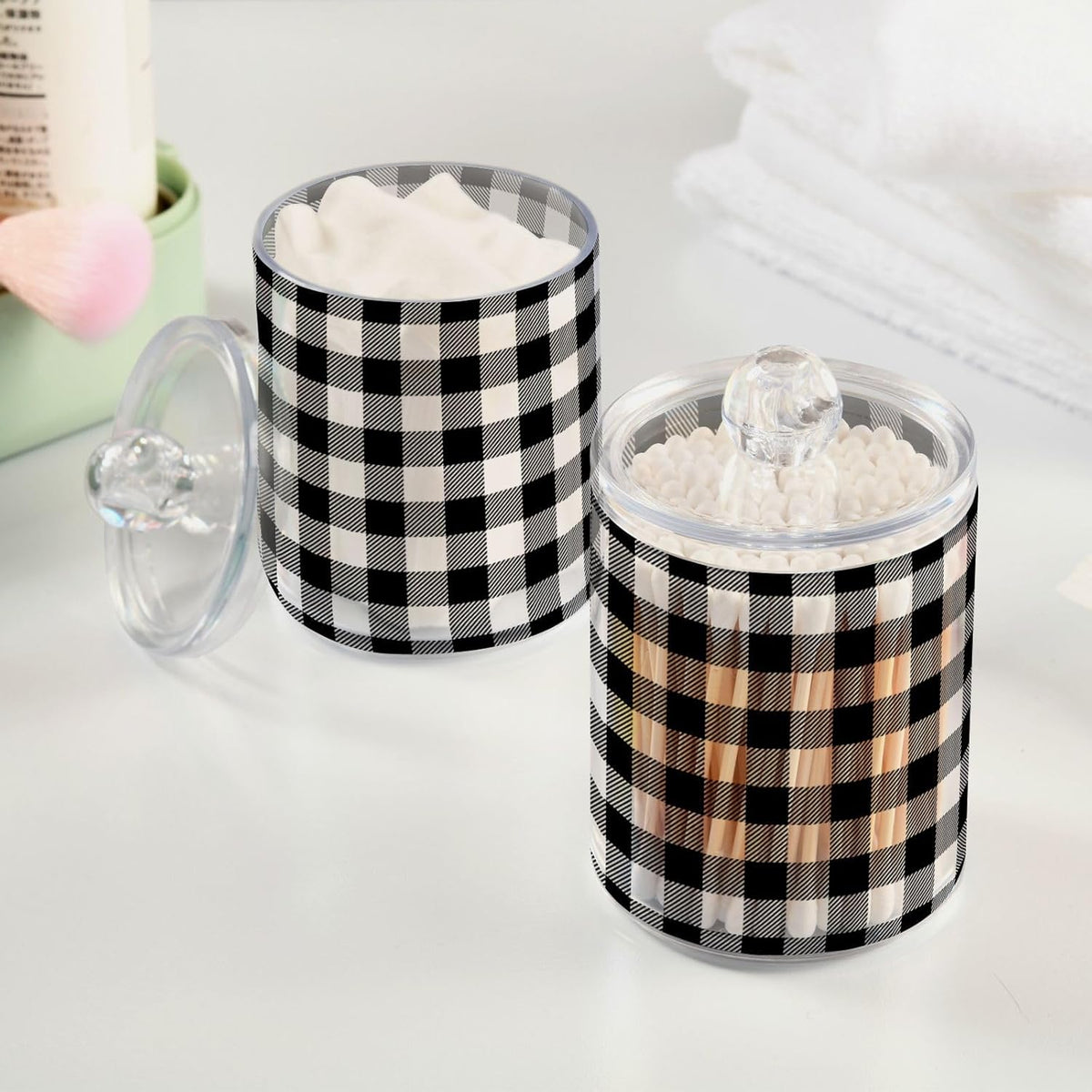 Gredecor Qtip Holder Dispenser 2 Pack Black White Classic Buffalo Plaid Bathroom Decorative Storage