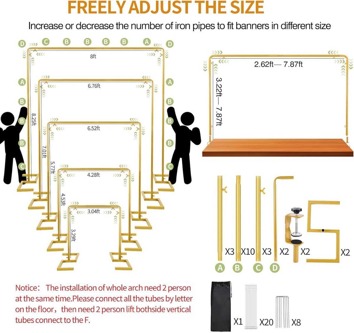8.2FT Square Arch Backdrop Stand,Metal Gold Backdrop Stand Heavy Duty Adjustable,Extra 2 Clamps