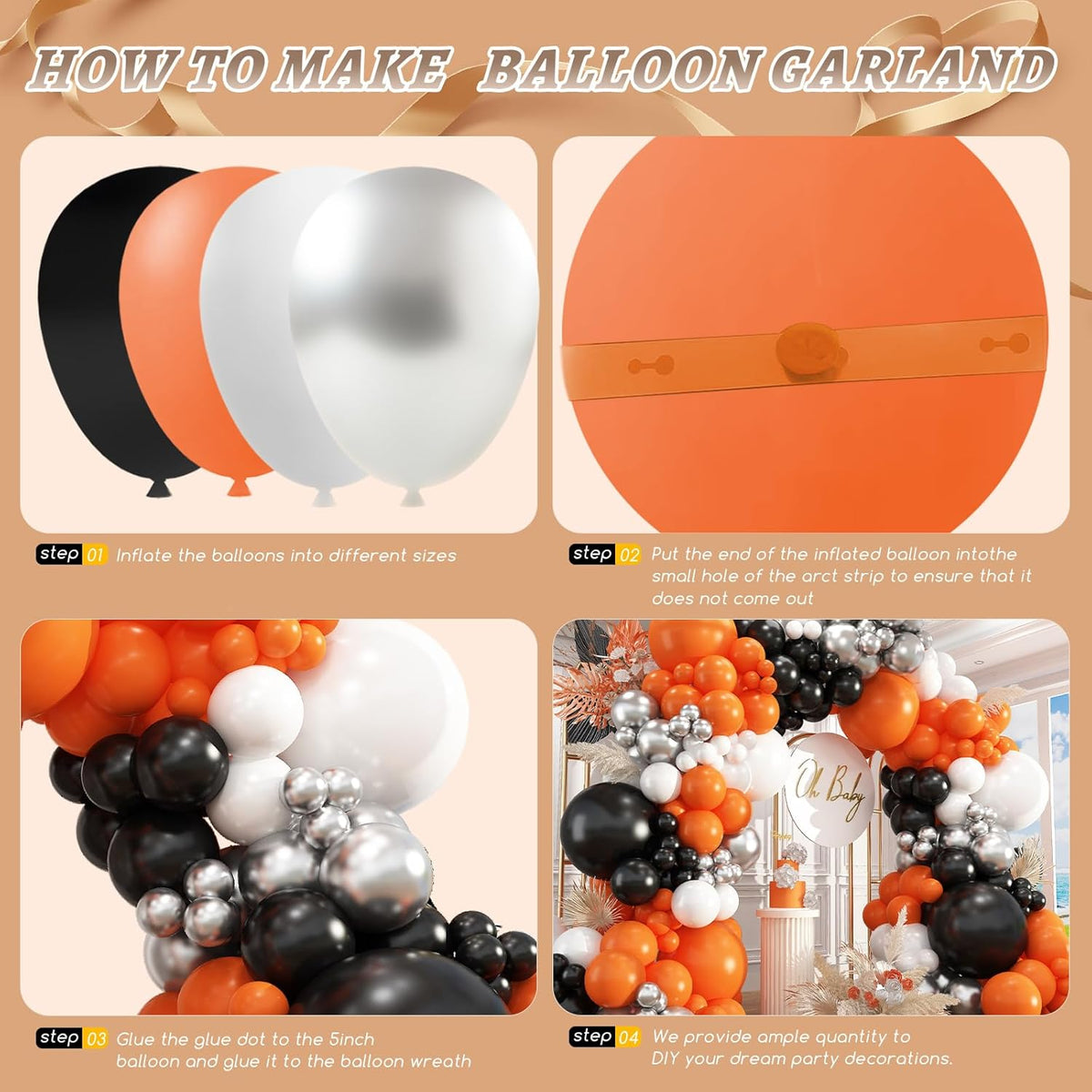 412Pcs Orange and Black Balloon Arch Kit, 18 12 10 5 Inch Different Size Orange Black White