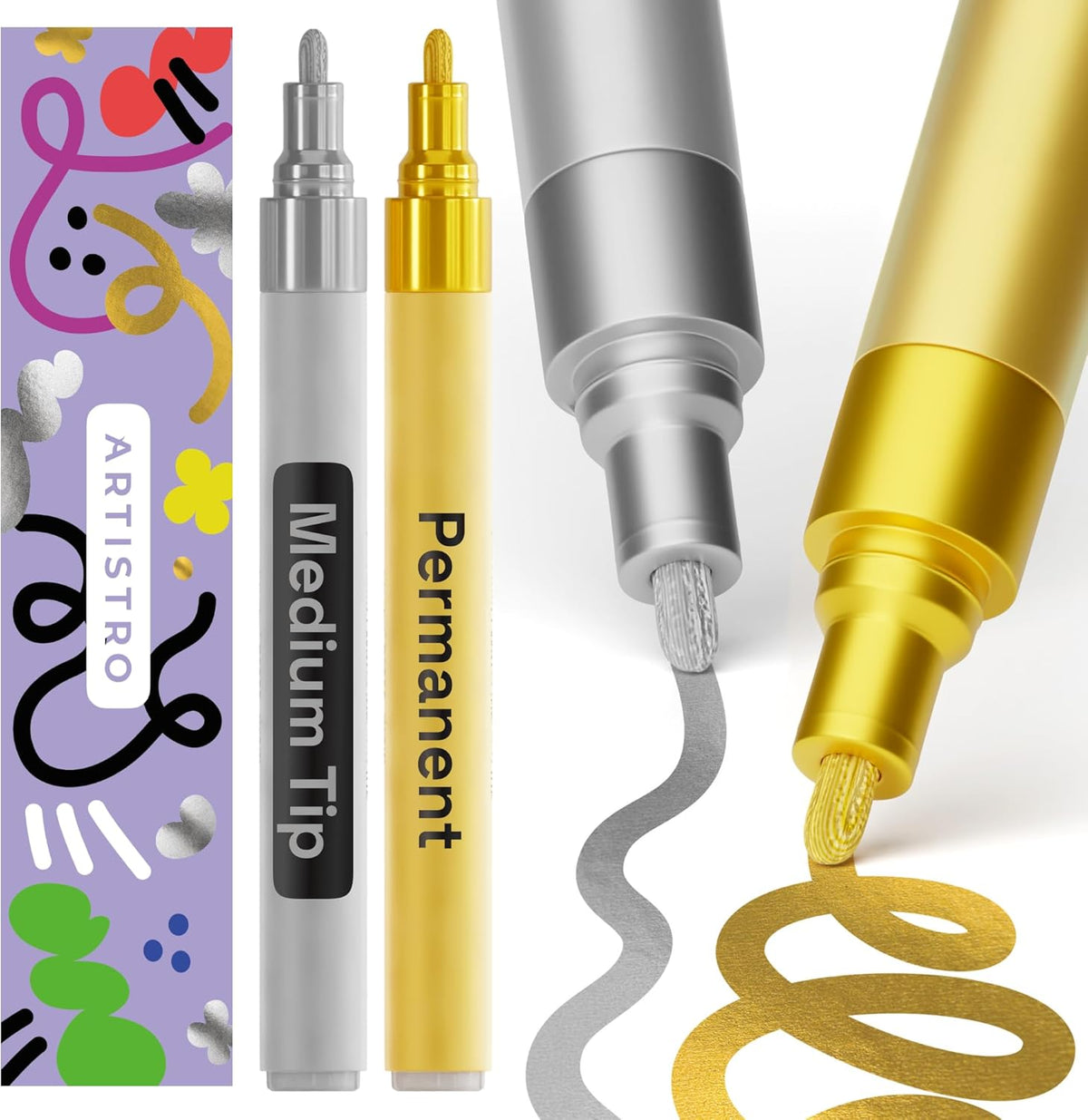 ARTISTRO 2 Gold & Silver Permanent Marker - Waterproof Markers for Tire, Fabric, Rocks, Glass