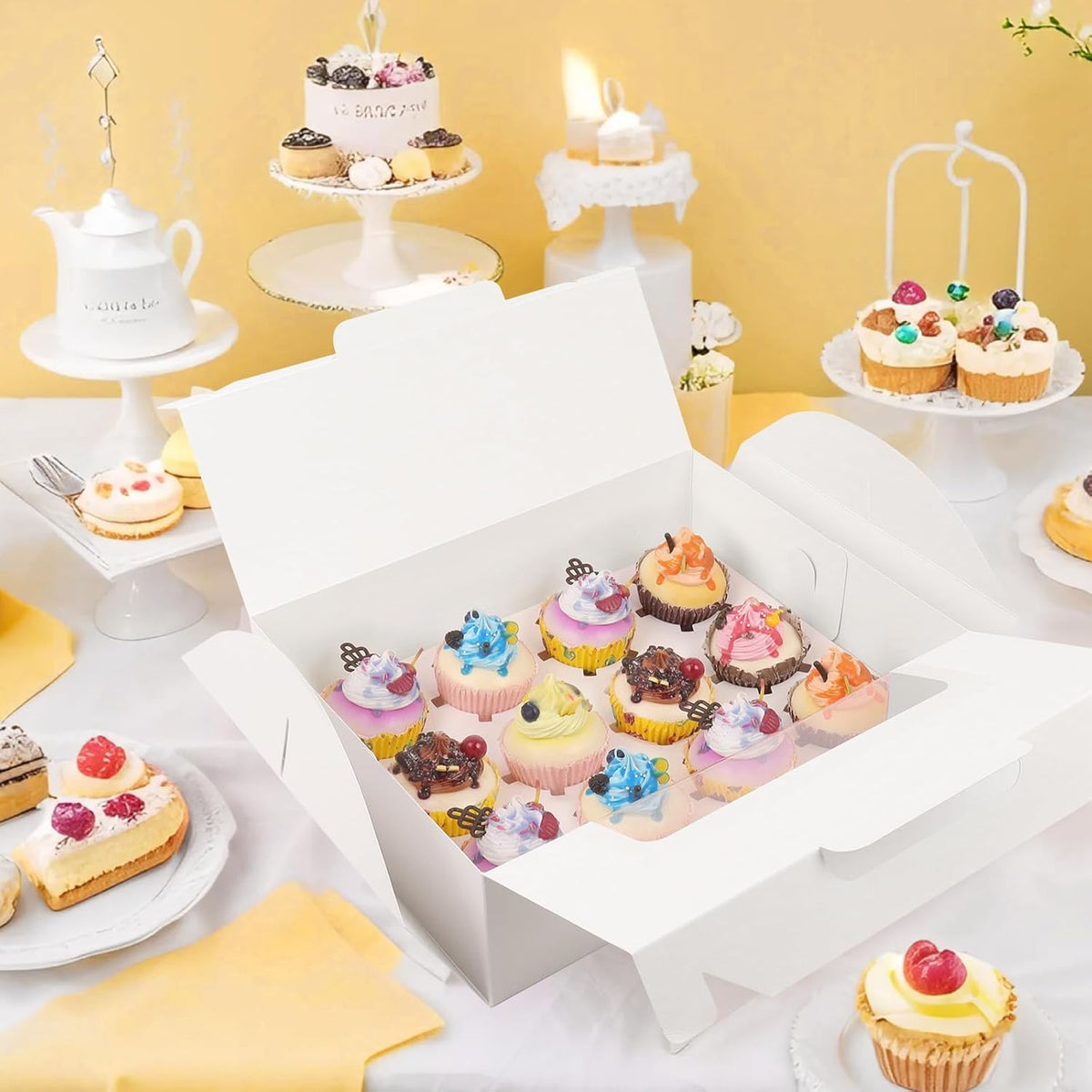 White Cupcake Boxes 12 Count, 30 Pcs Cupcake Containers with Handle, Window, and Inserts – Holds