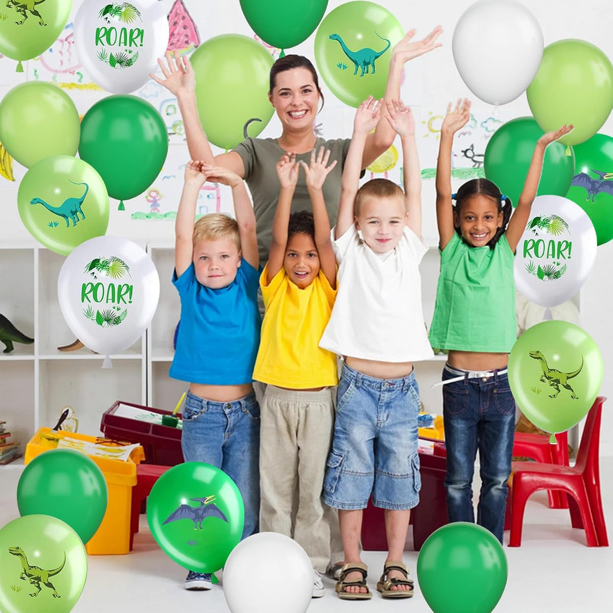 Dinosaur Balloons, 12 Inch Dino Printed Balloons Green White Lime Green Latex Balloons for Birthday