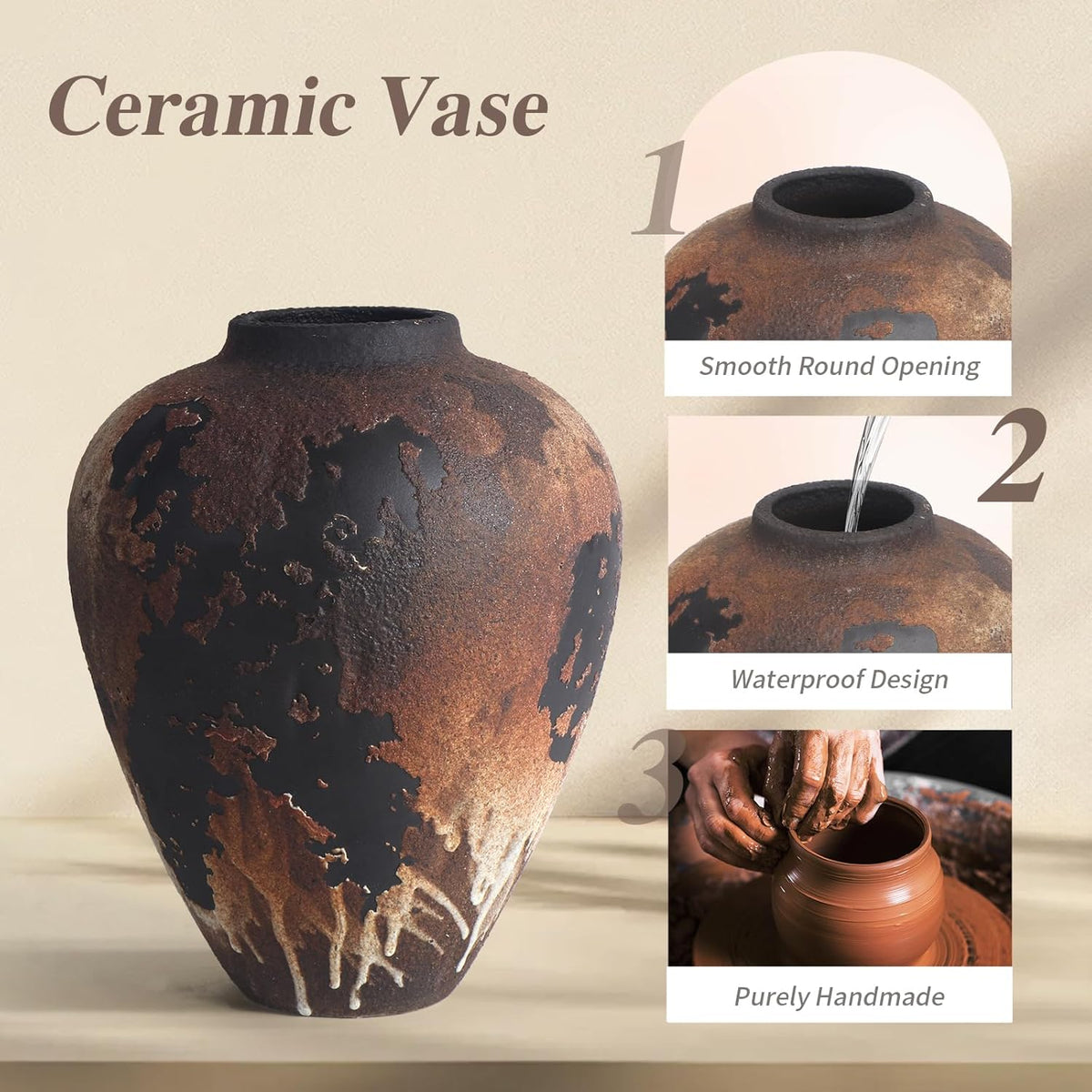 Rustic Vase for Flowers, 8.9'' Brown Farmhouse Ceramic Vases for Home Decor, Minimalist Decorative