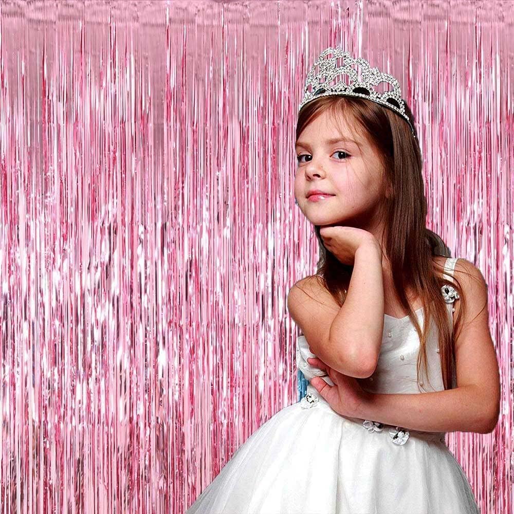 4 Pack Pink Foil Fringe Curtain Backdrop, 3.28Ft x 8.2Ft Metallic Tinsel Foil Fringe Streamer