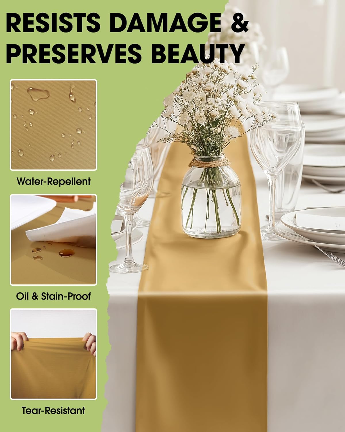 Pureegg Gold Plastic Table Runners - 10 Pack, 14'' x 108'', Water Resistant & Disposable