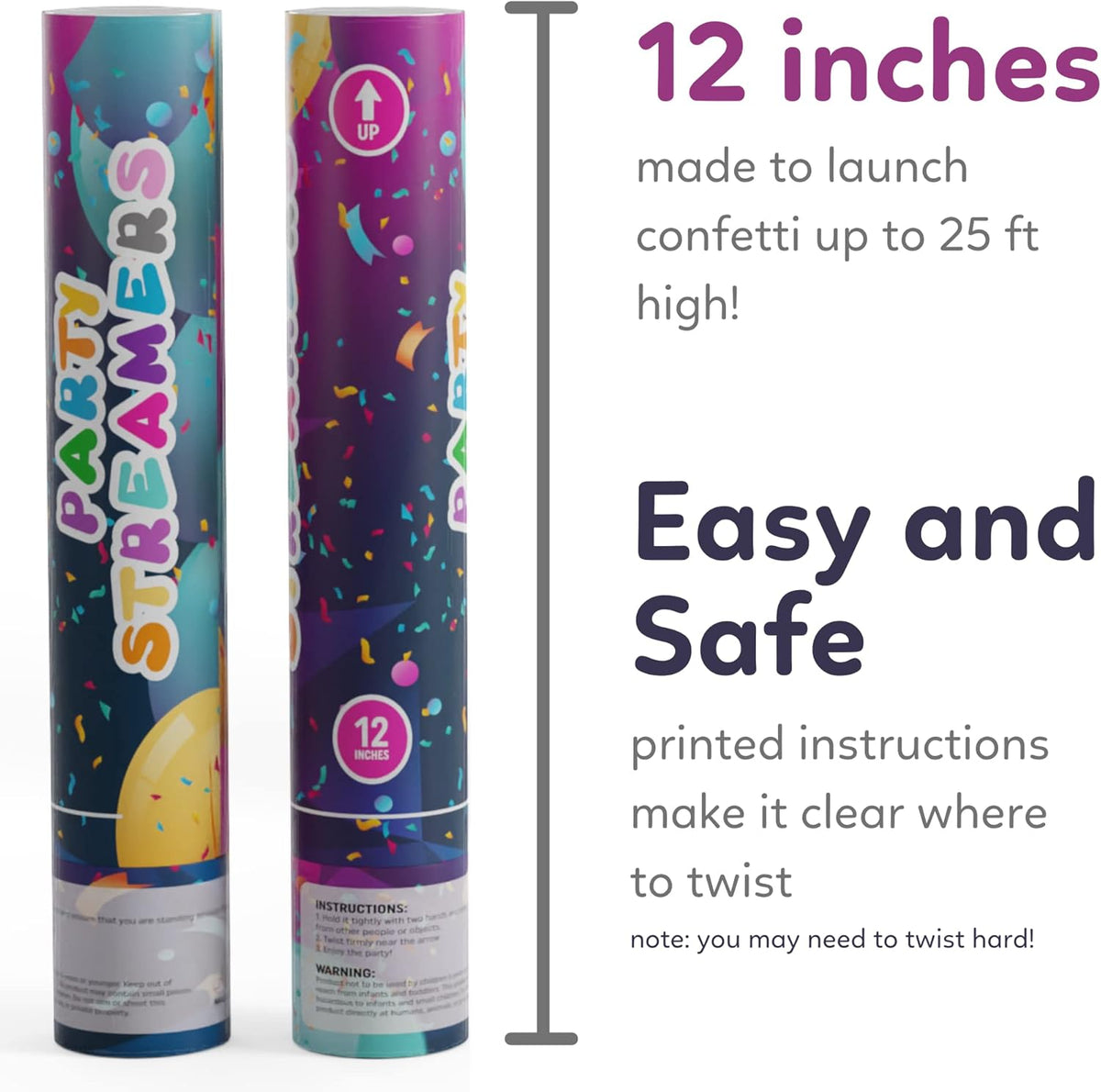 No Mess Streamer Confetti Cannon Party Poppers | 2 Pack | Multicolor Streamers | Glitter Bomb