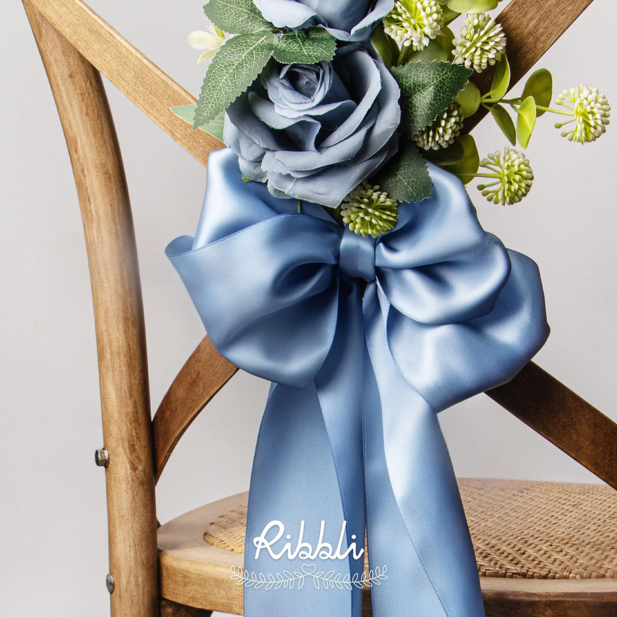 Ribbli Dusty Blue Satin Ribbon 4 Inch Wide Dusty Blue Ribbon for Wedding Chair Sash Grand Opening