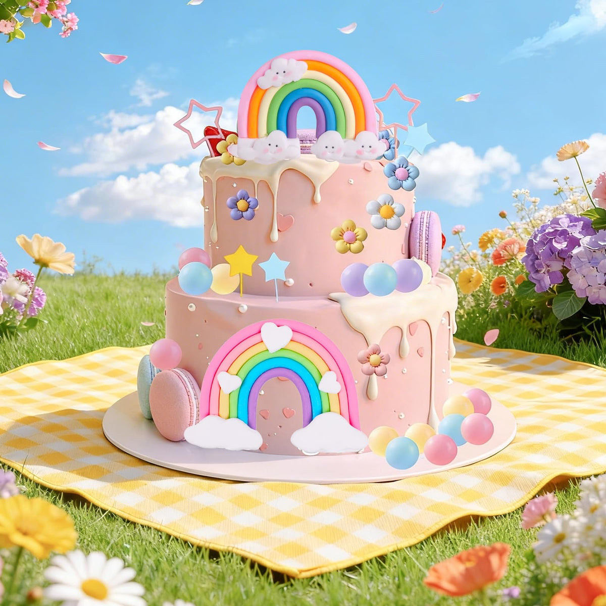 39 Pcs Rainbow Cake Topper with Pastel Balls and Daisy Flowers