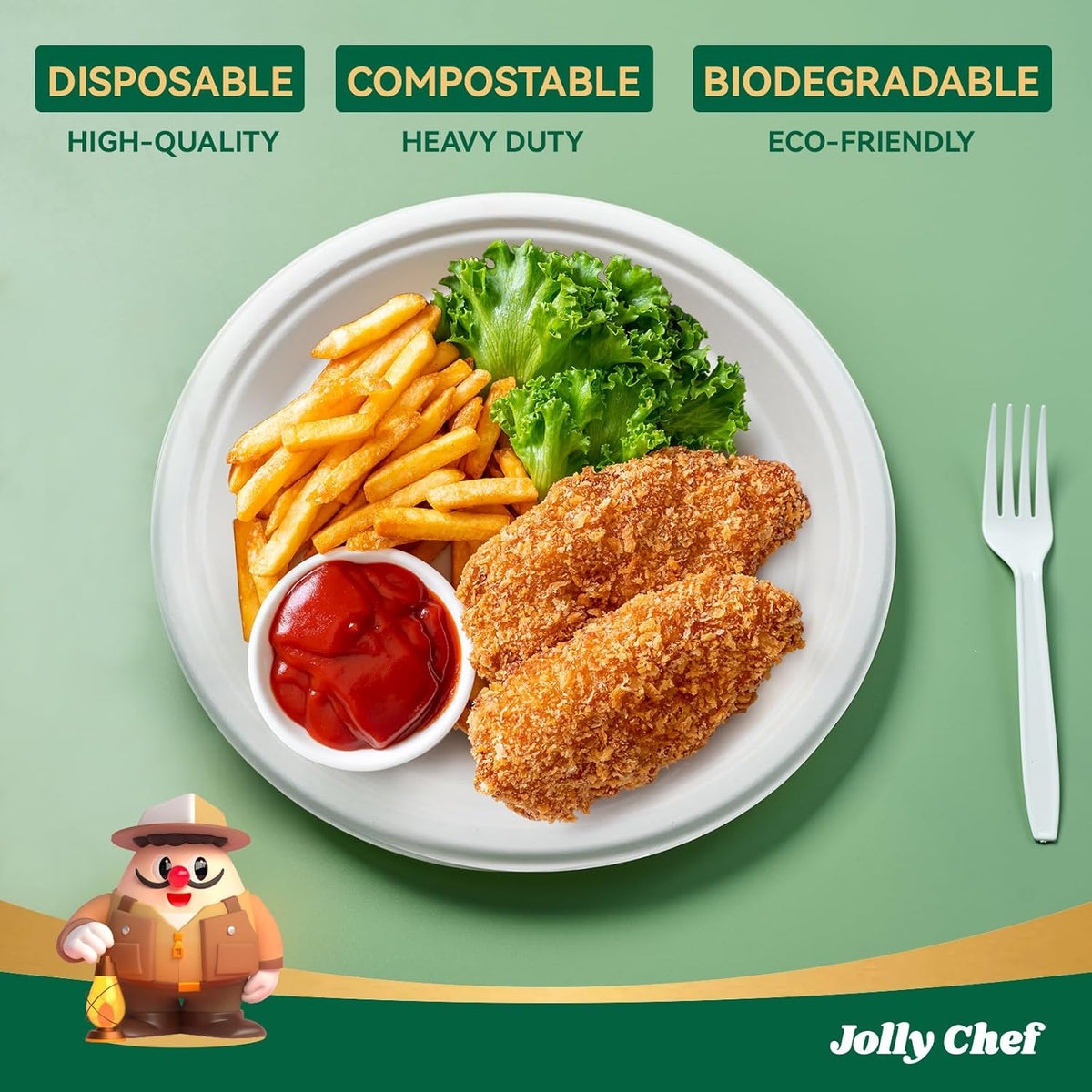 JOLLY CHEF Compostable Heavy Duty Plates 𝟭𝟬 𝗜𝗻𝗰𝗵 [𝟭𝟮𝟱 𝗣𝗮𝗰𝗸] Eco-Friendly Disposable
