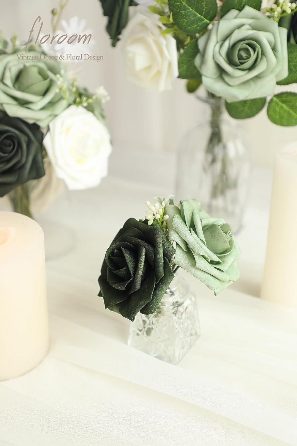 Floroom Artificial Flowers 25pcs Real Looking Emerald Green Ombre Colors Foam Fake Roses with Stems