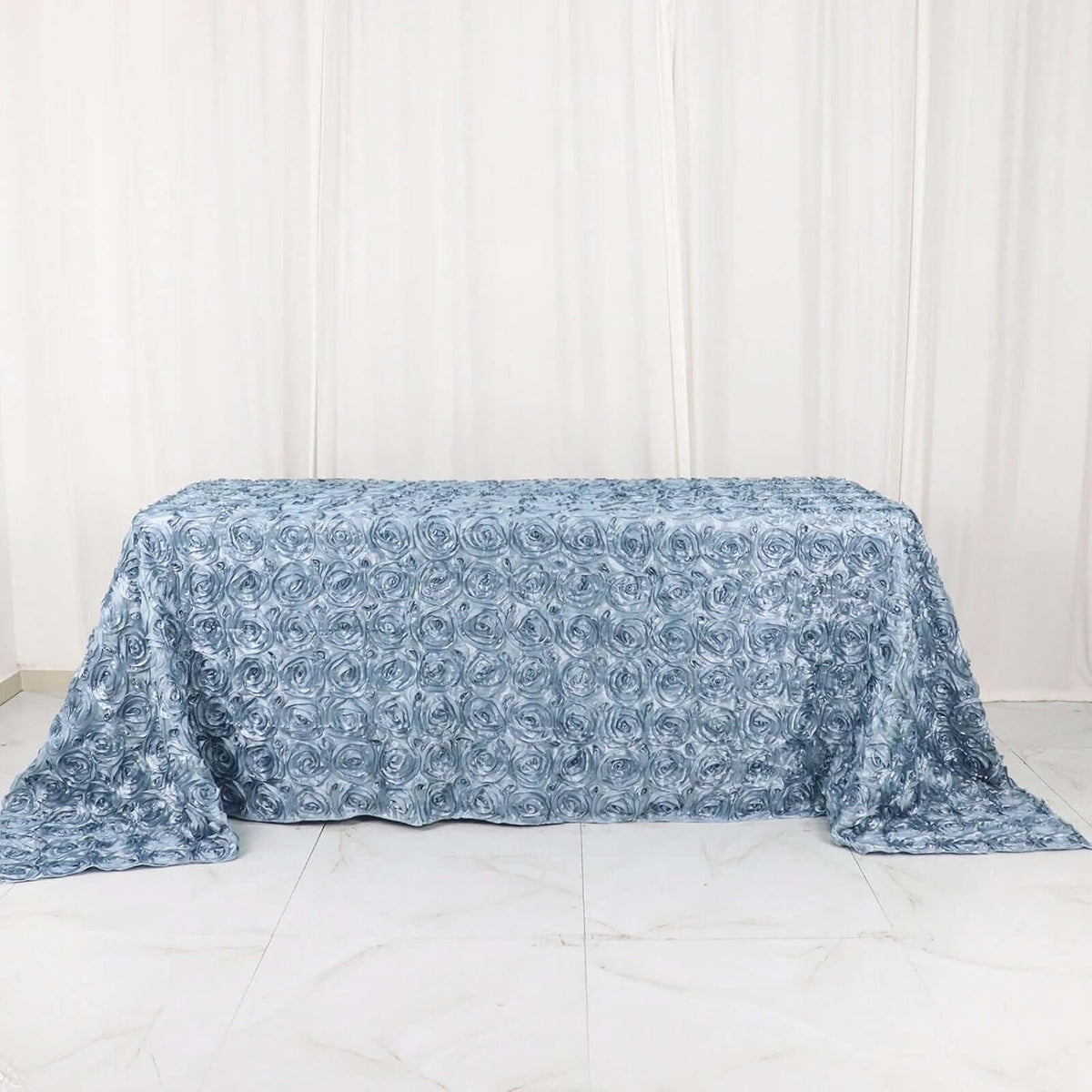 Efavormart 90"X132" Dusty Blue Grandiose 3D Rosette Satin Rectangle Tablecloth for Wedding Party