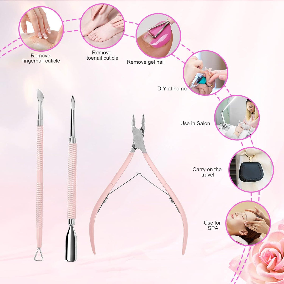 Makartt Cuticle Trimmer with Cuticle Pusher, 3 PCS Pink Nail Cuticle Nipper Professional Pedicure